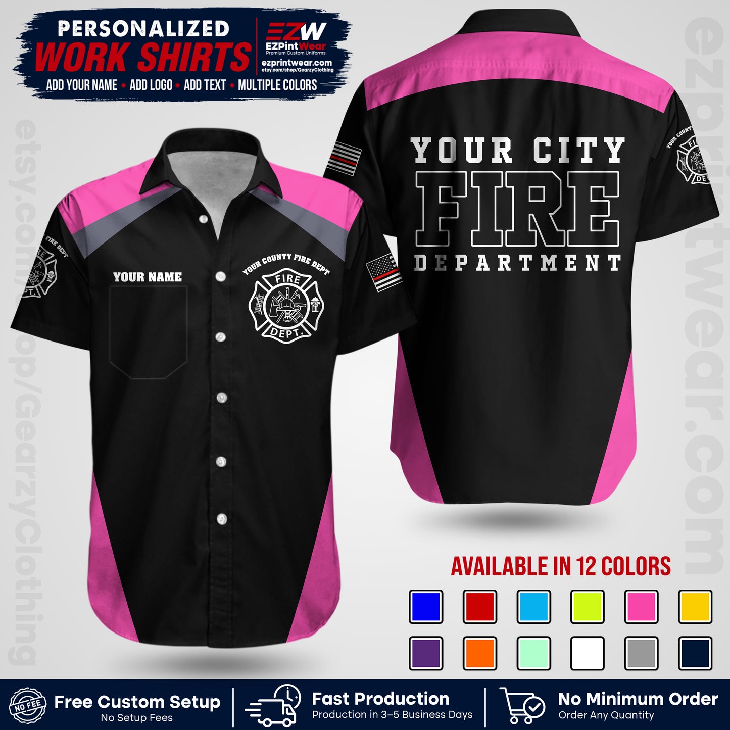 Custom Fire Department Shirt with Name, City Logo & Text | Firefighter Uniform | Button Up Work Shirt FF04