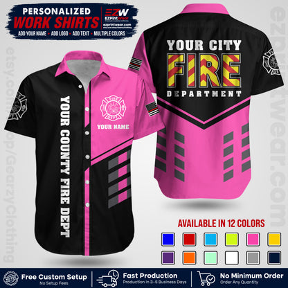 Custom Fire Department Shirt with Name, City Logo & Text | Firefighter Uniform | Button Up Work Shirt FF06