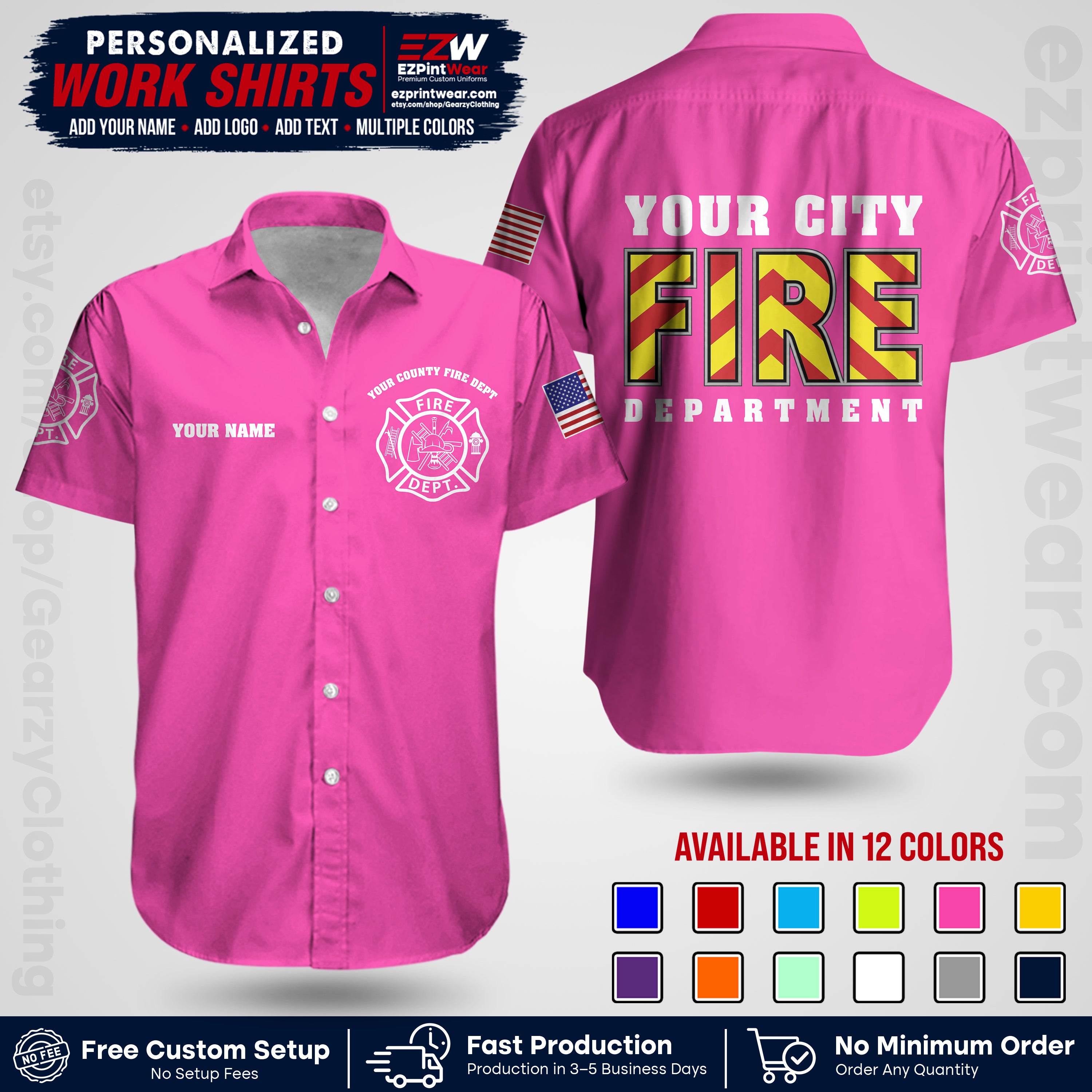 Custom Fire Department Shirt with Name, City Logo & Text | Firefighter Uniform | Button Up Work Shirt FF05