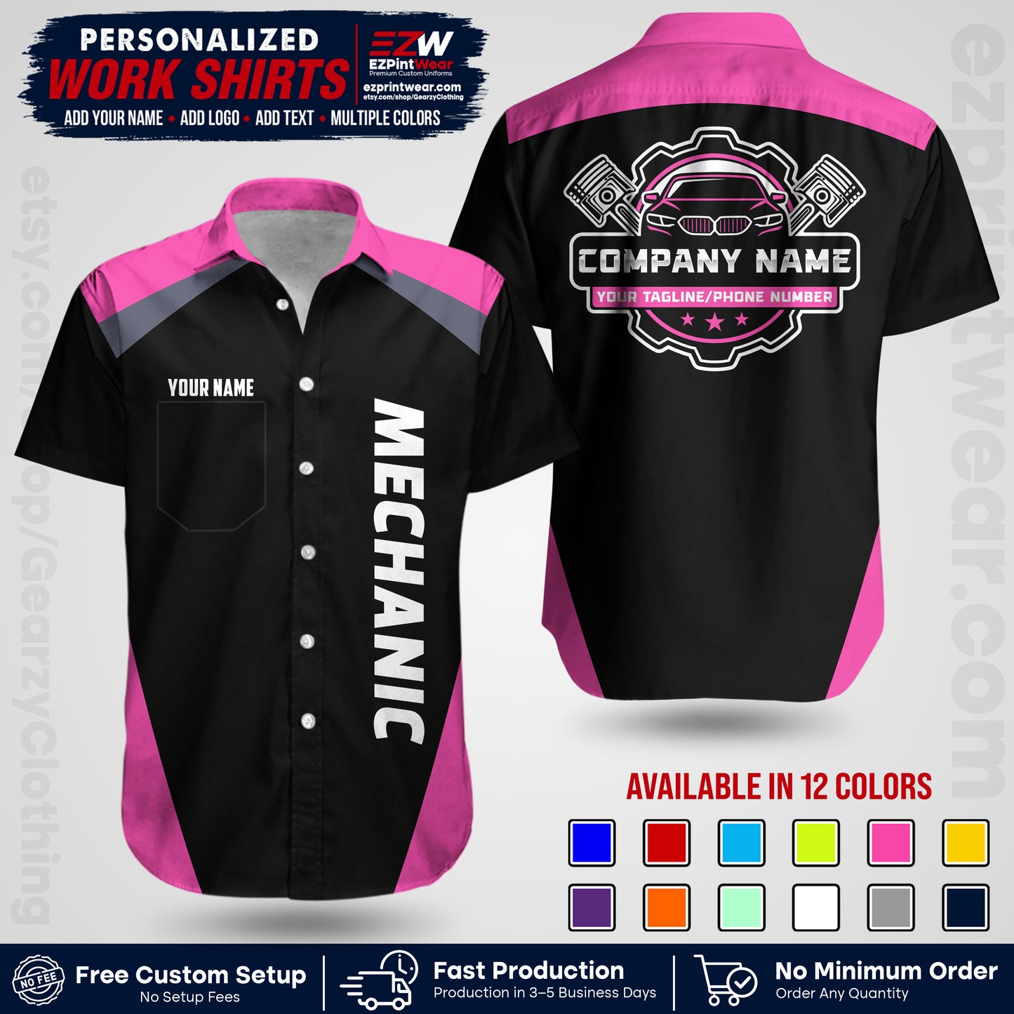 Custom Mechanic Work Shirt with Name, Logo & Text | Auto Shop Uniform | Workwear MCN 02