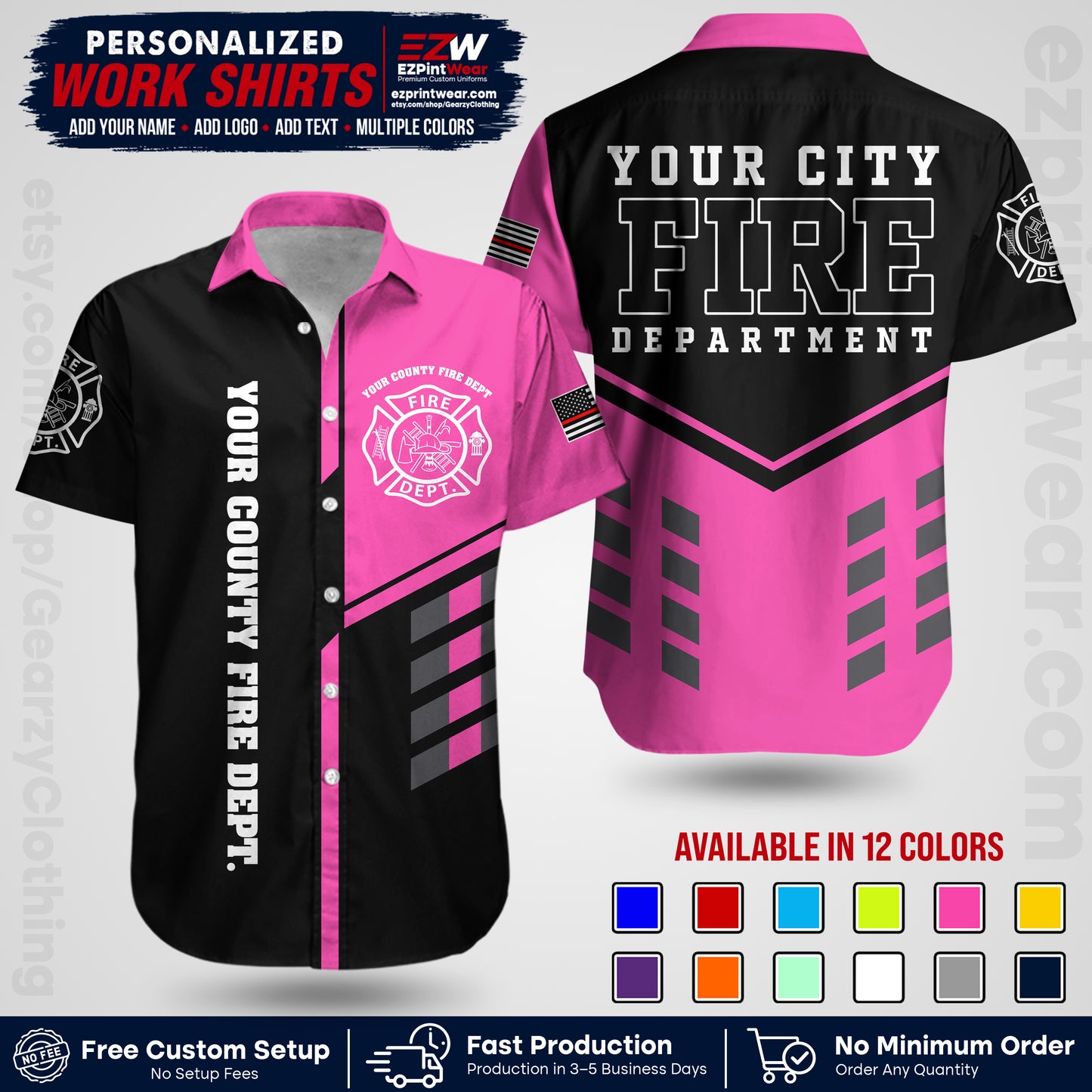 Custom Fire Department Shirt with Name, City Logo & Text | Firefighter Uniform | Button Up Work Shirt FF03