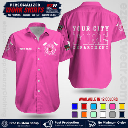Custom Fire Department Shirt with Name, City Logo & Text | Firefighter Uniform | Button Up Work Shirt FF07