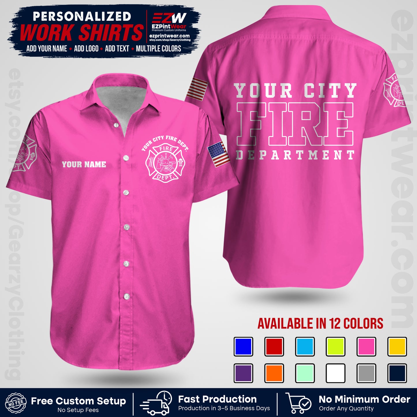 Custom Fire Department Shirt with Name, City Logo & Text | Firefighter Uniform | Button Up Work Shirt FF01