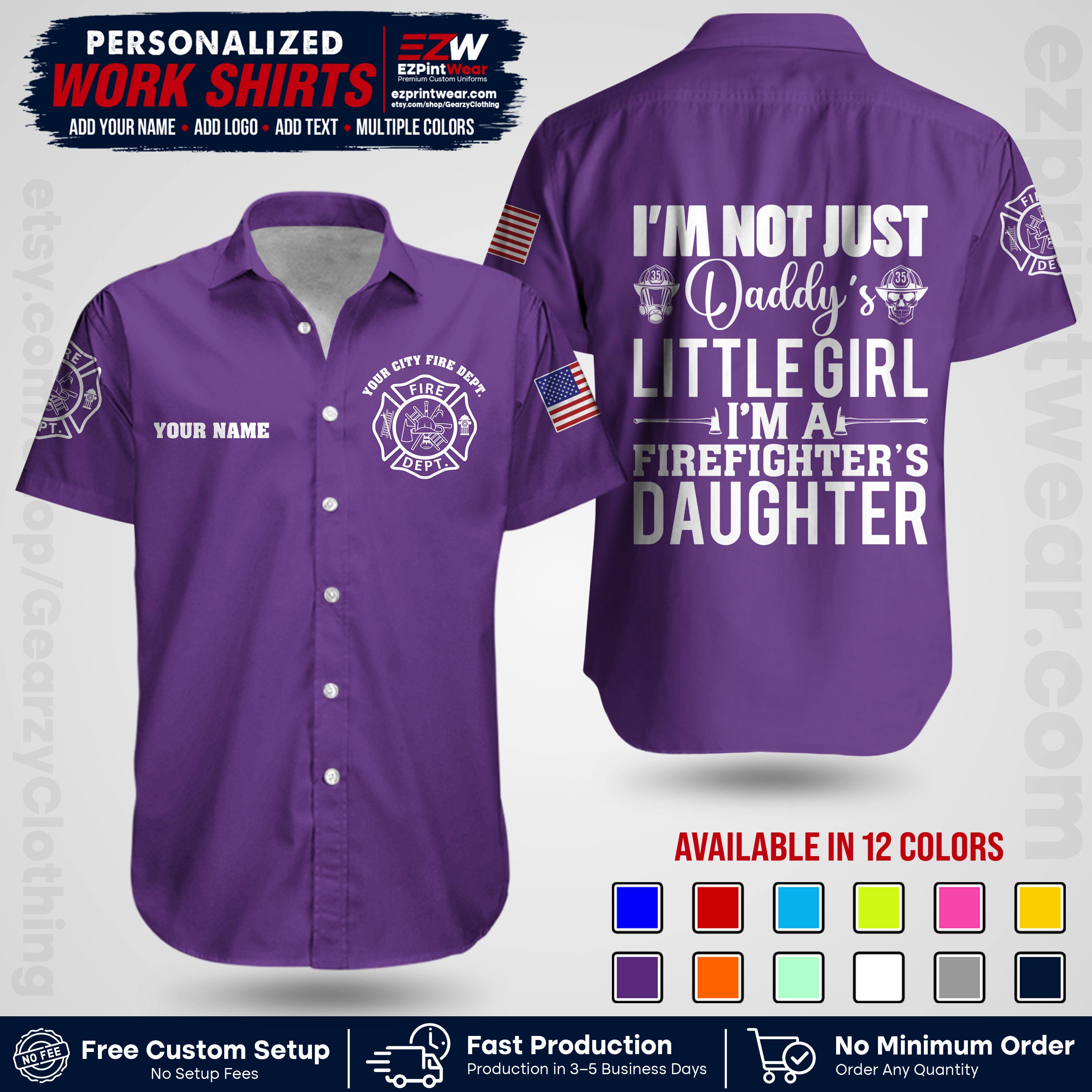 Custom Fire Department Shirt with Name, City Logo & Text | Firefighter Uniform | Button Up Work Shirt FF08