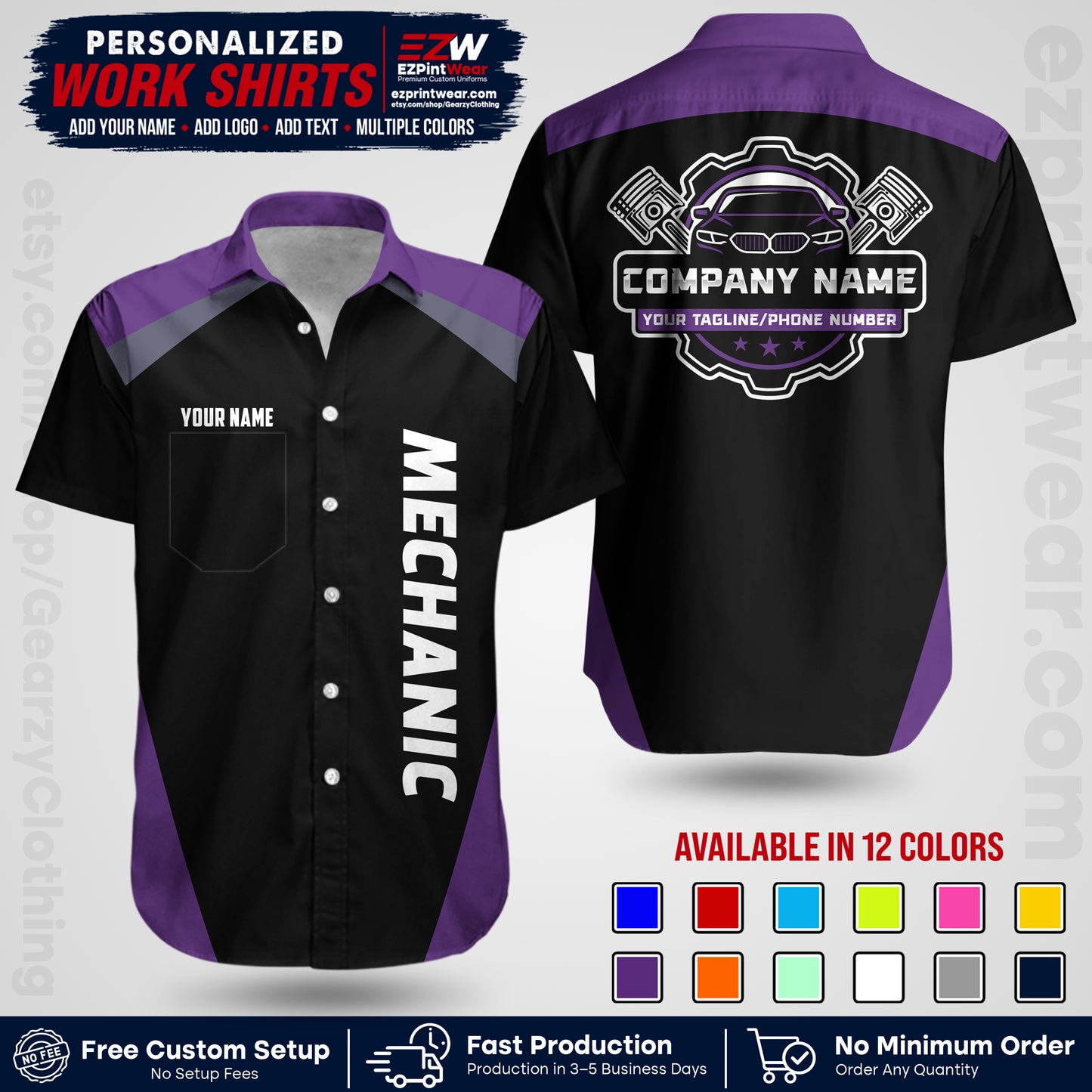 Custom Mechanic Work Shirt with Name, Logo & Text | Auto Shop Uniform | Workwear MCN 02