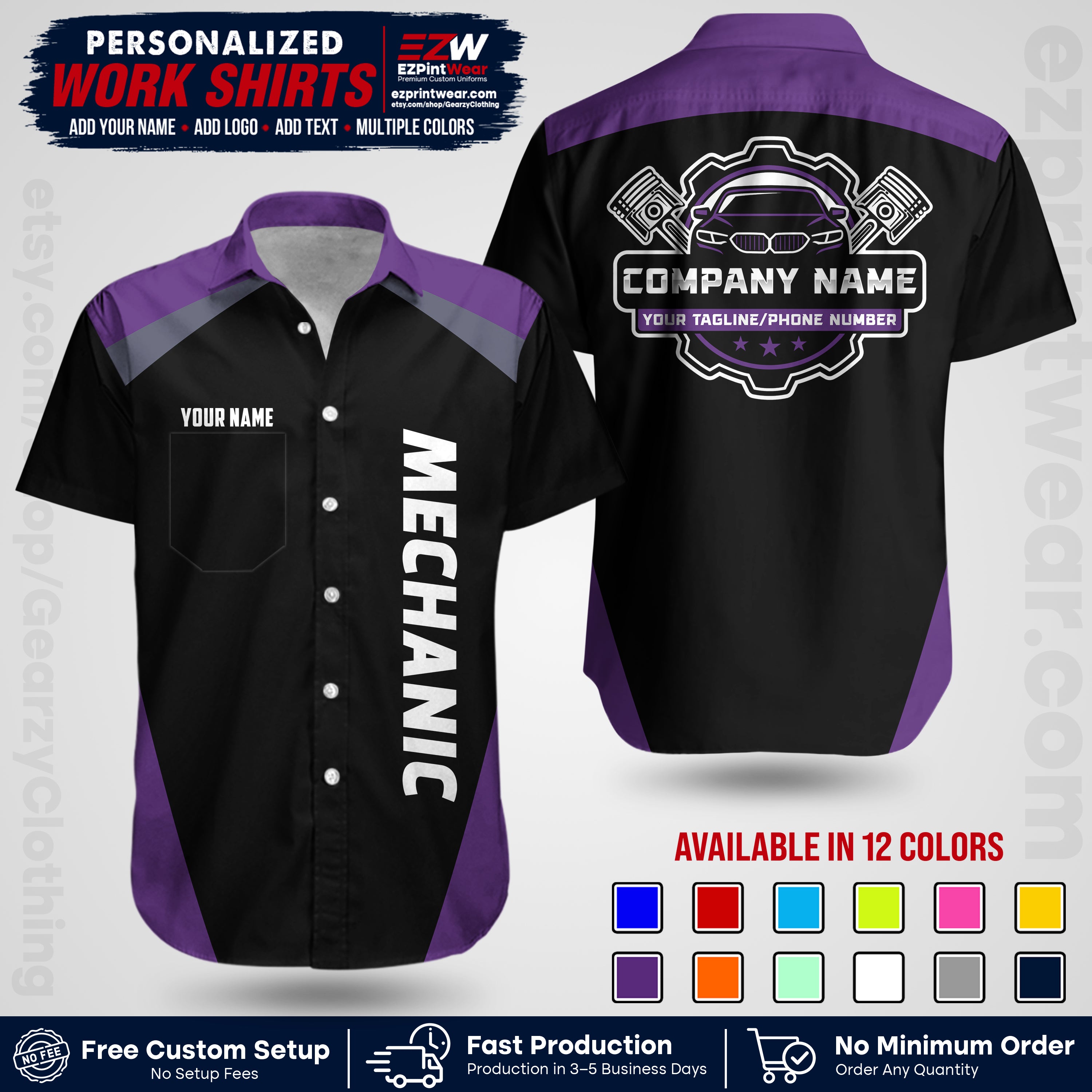 Custom Mechanic Work Shirt with Name, Logo & Text | Auto Shop Uniform | Workwear MCN 02