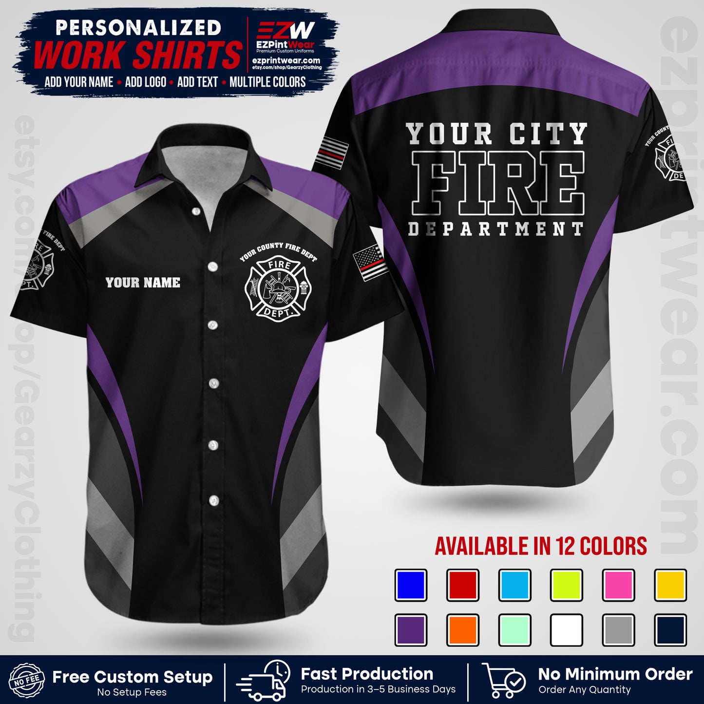 Custom Fire Department Shirt with Name, City Logo & Text | Firefighter Uniform | Button Up Work Shirt FF02
