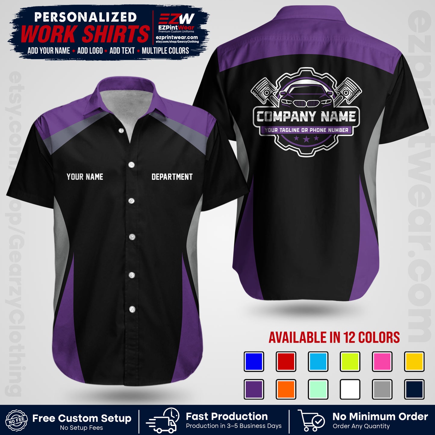 Custom Mechanic Work Shirt with Name, Logo & Text | Auto Shop Uniform | Workwear MCN 08