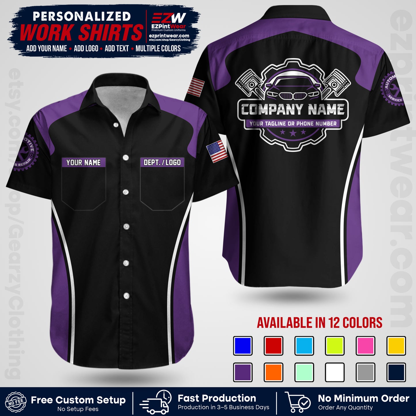 Custom Mechanic Work Shirt with Name, Logo & Text | Auto Shop Uniform | Workwear MCN 10