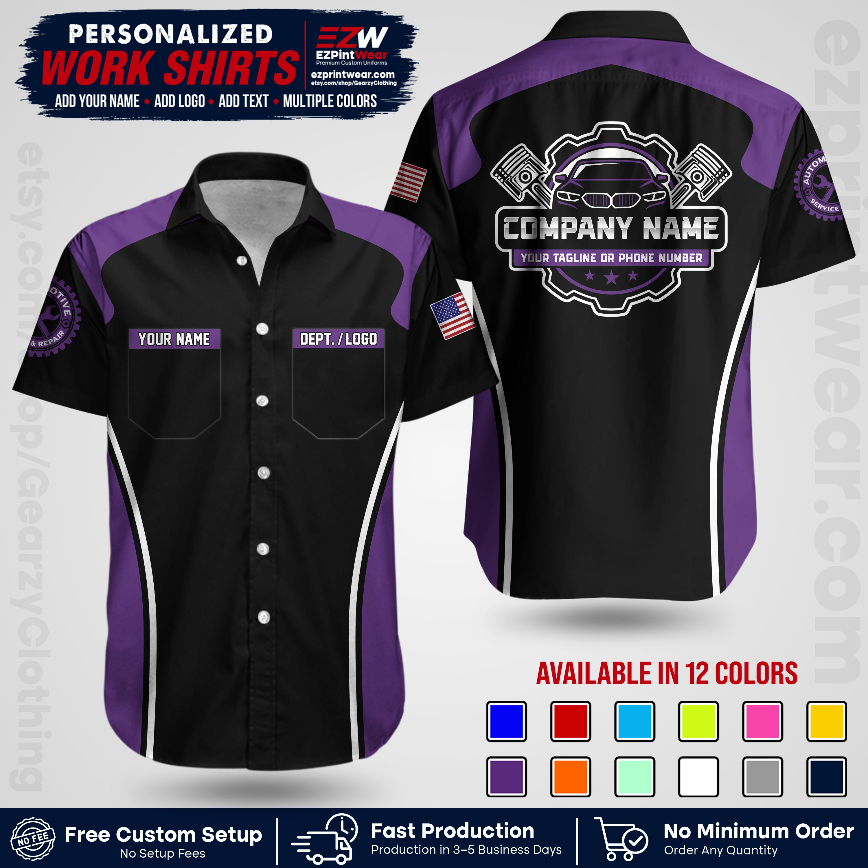 Custom Mechanic Work Shirt with Name, Logo & Text | Auto Shop Uniform | Workwear MCN 10