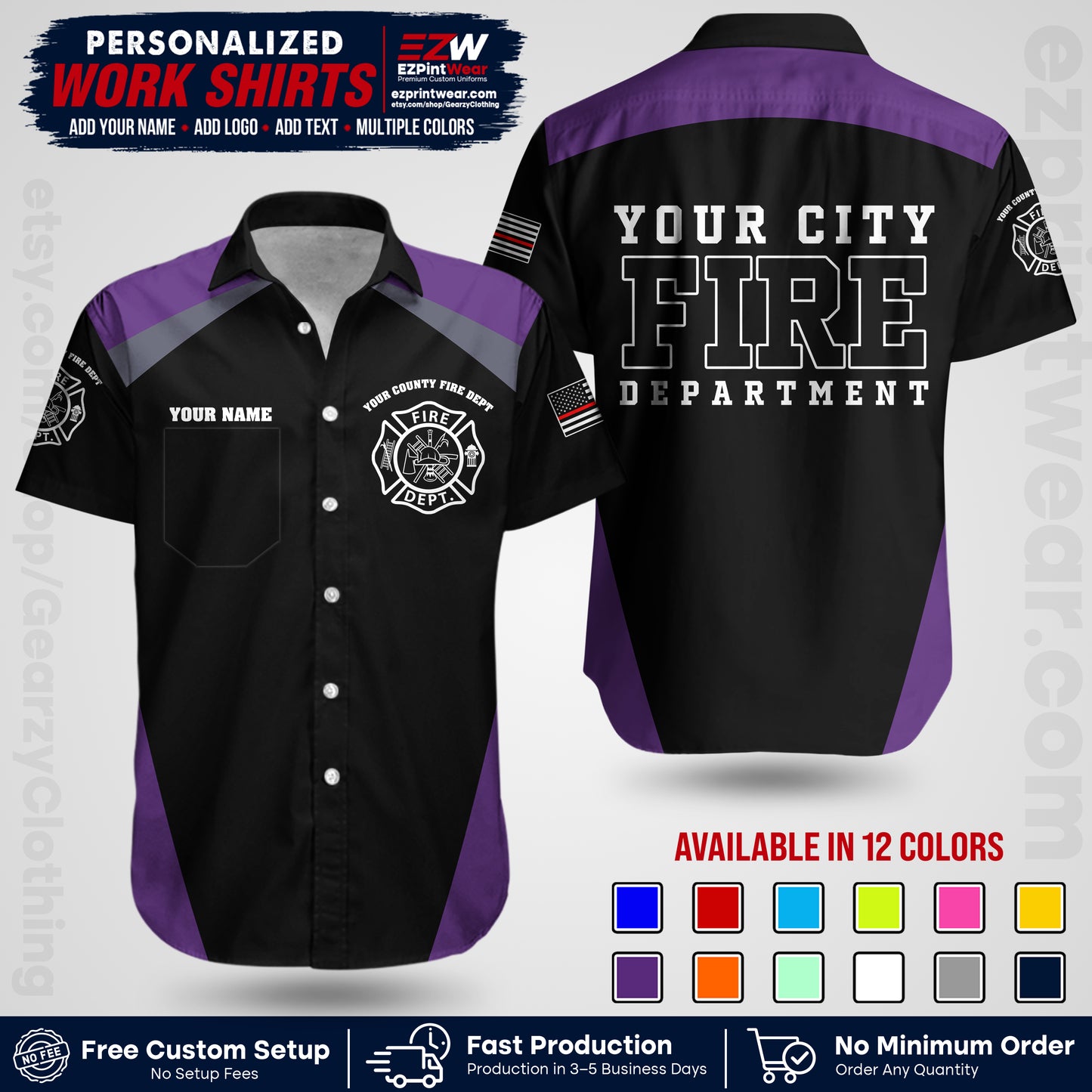 Custom Fire Department Shirt with Name, City Logo & Text | Firefighter Uniform | Button Up Work Shirt FF04