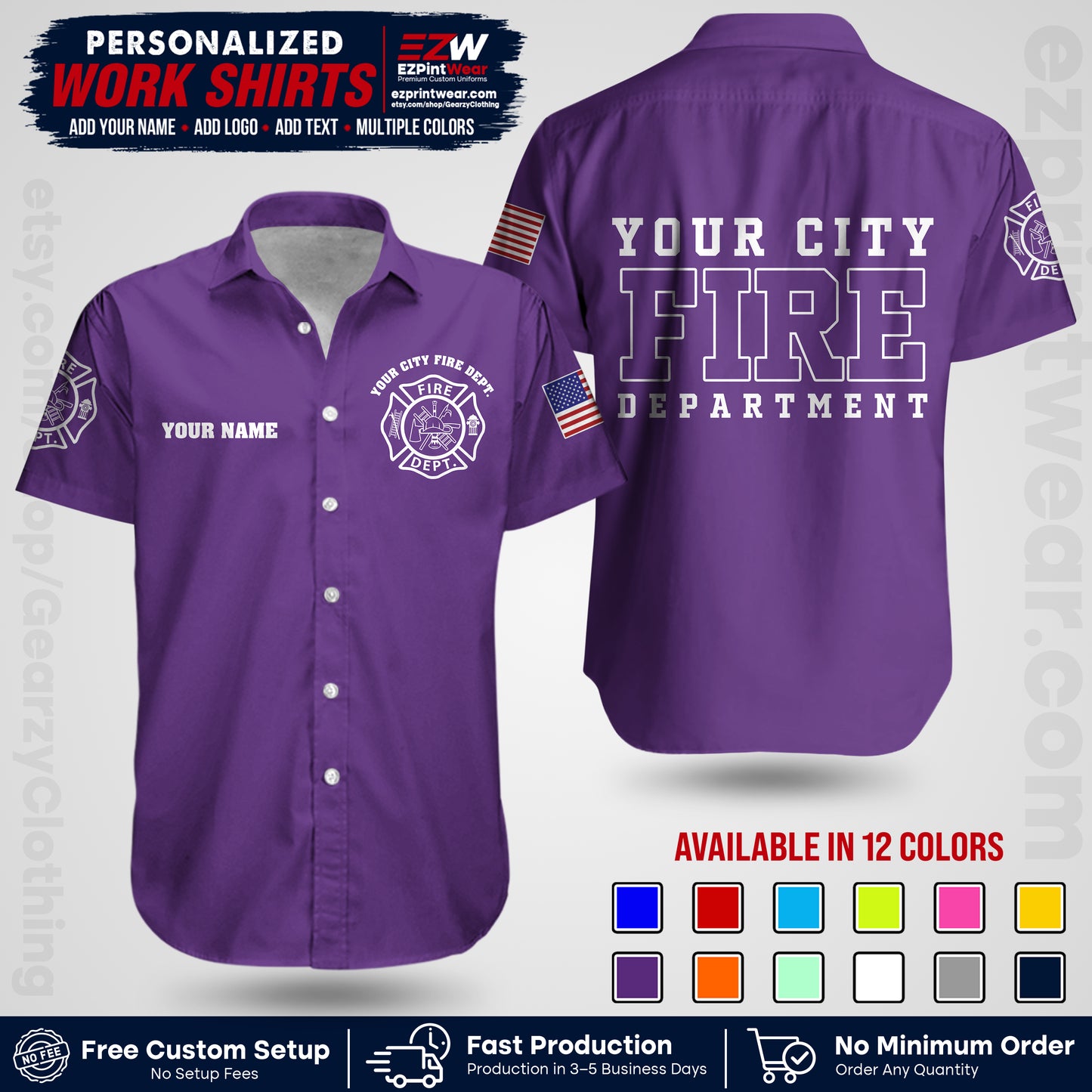 Custom Fire Department Shirt with Name, City Logo & Text | Firefighter Uniform | Button Up Work Shirt FF01