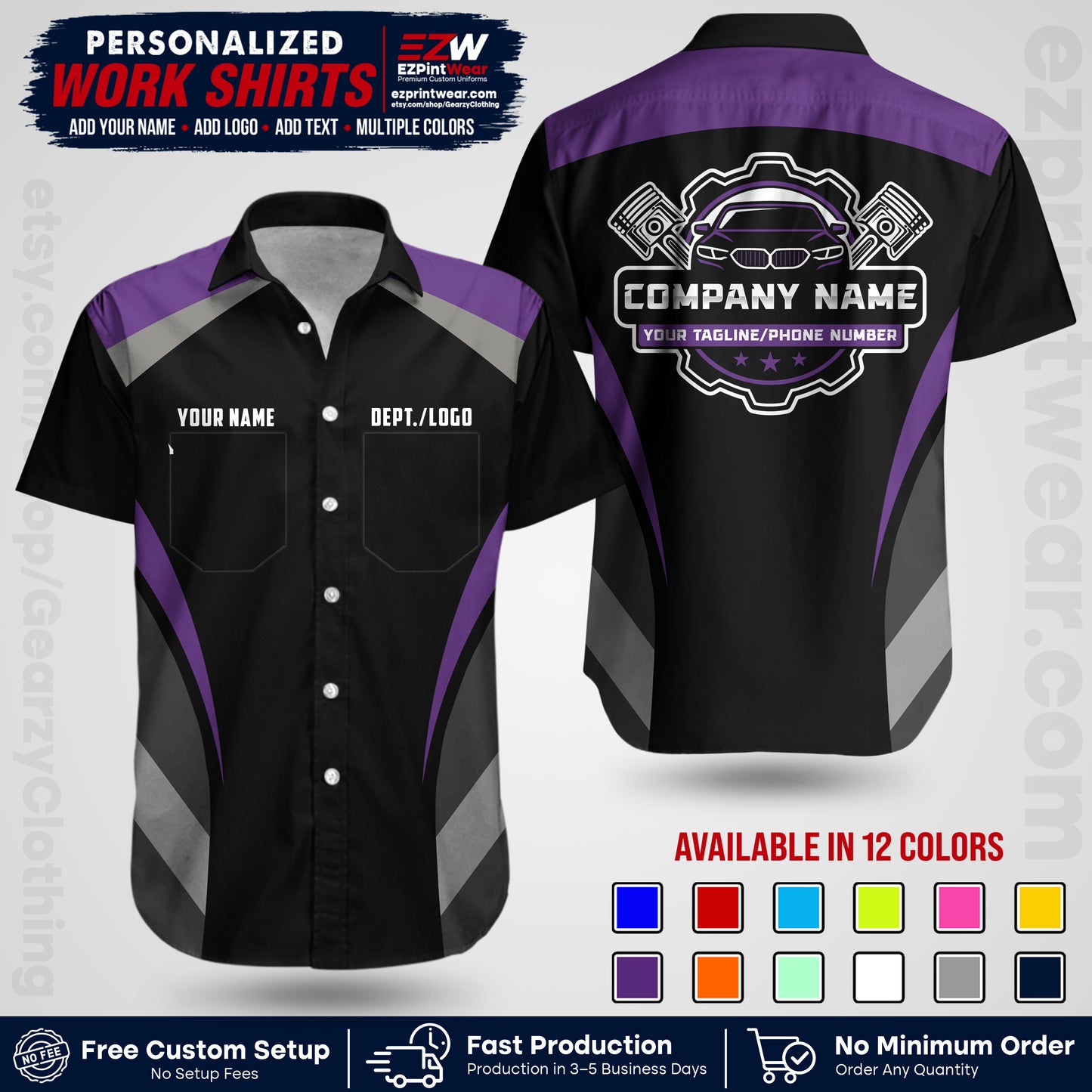 Custom Mechanic Work Shirt with Name, Logo & Text | Auto Shop Uniform | Workwear MCN 05