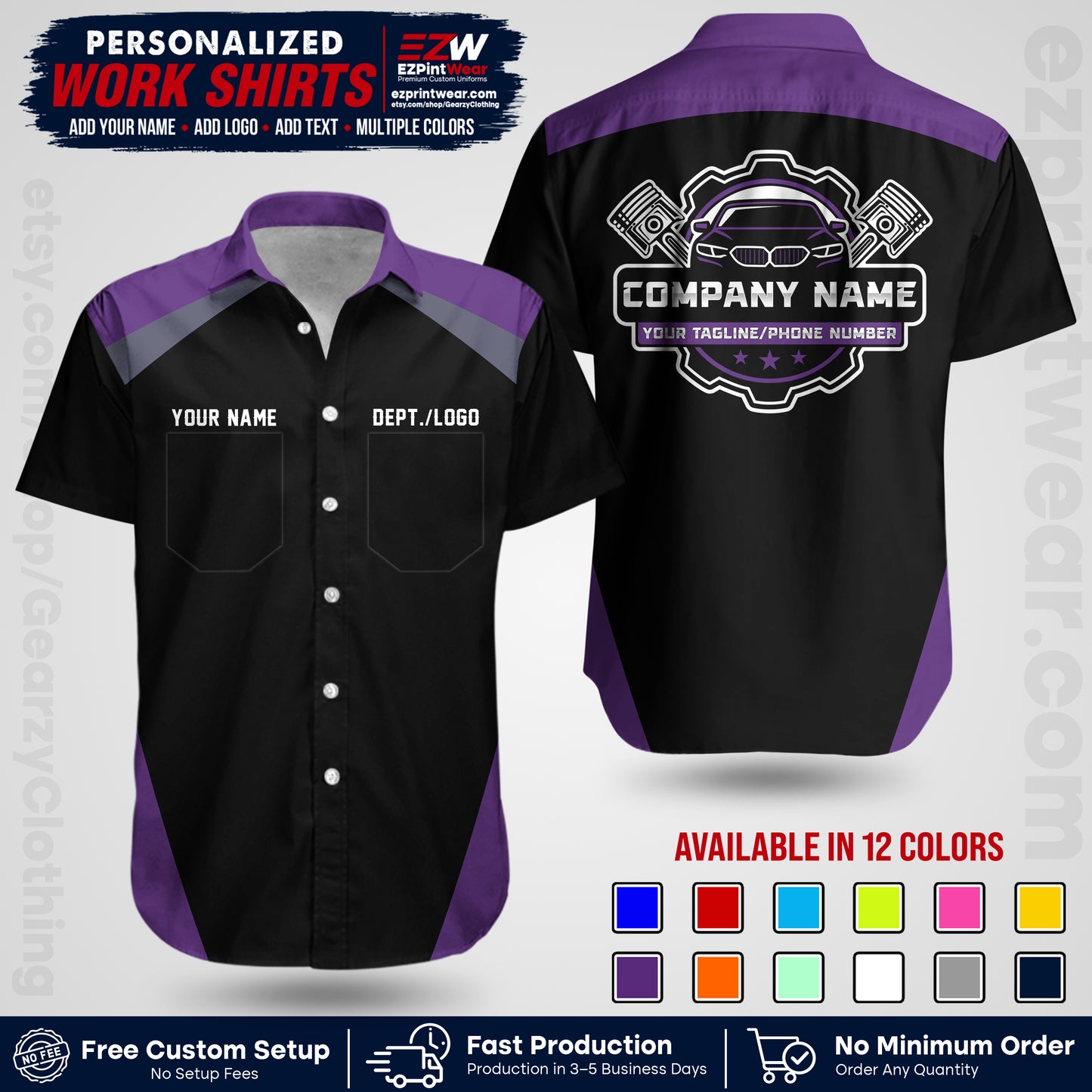 Custom Mechanic Work Shirt with Name, Logo & Text | Auto Shop Uniform | Workwear MCN 03