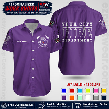 Custom Fire Department Shirt with Name, City Logo & Text | Firefighter Uniform | Button Up Work Shirt FF07