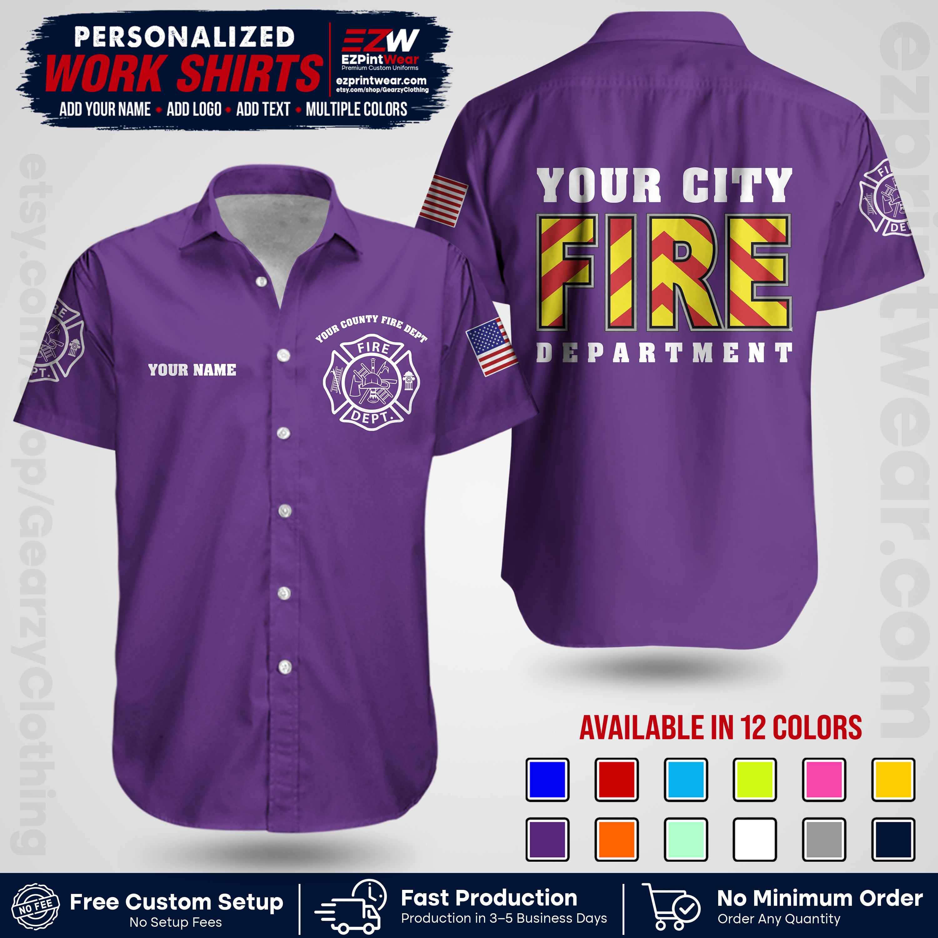 Custom Fire Department Shirt with Name, City Logo & Text | Firefighter Uniform | Button Up Work Shirt FF05