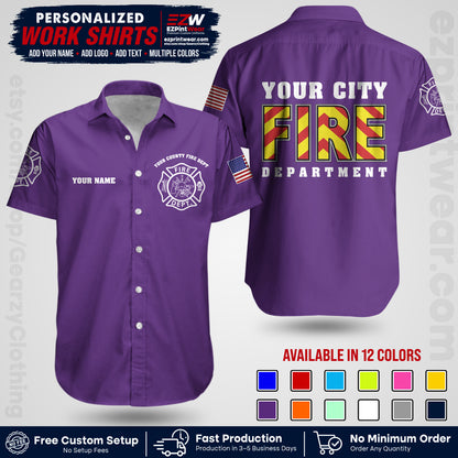 Custom Fire Department Shirt with Name, City Logo & Text | Firefighter Uniform | Button Up Work Shirt FF05