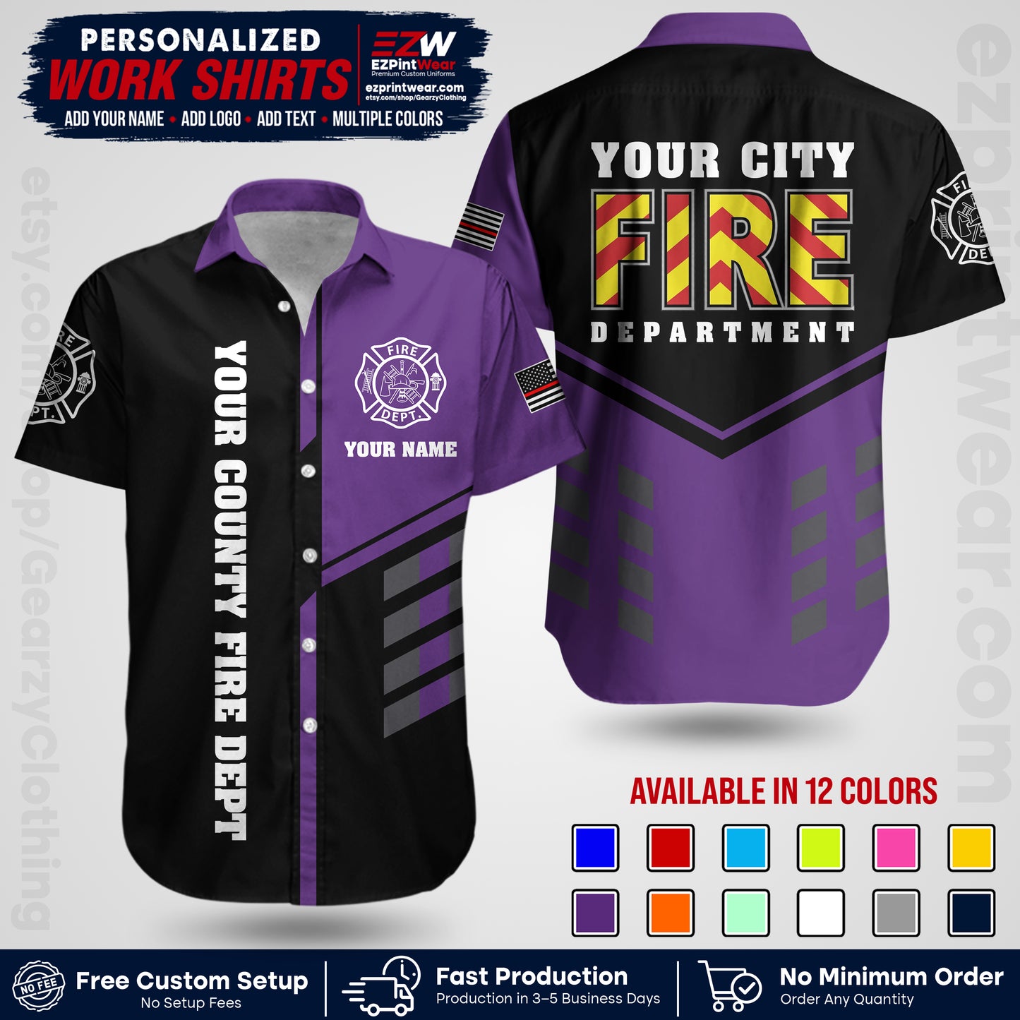 Custom Fire Department Shirt with Name, City Logo & Text | Firefighter Uniform | Button Up Work Shirt FF06