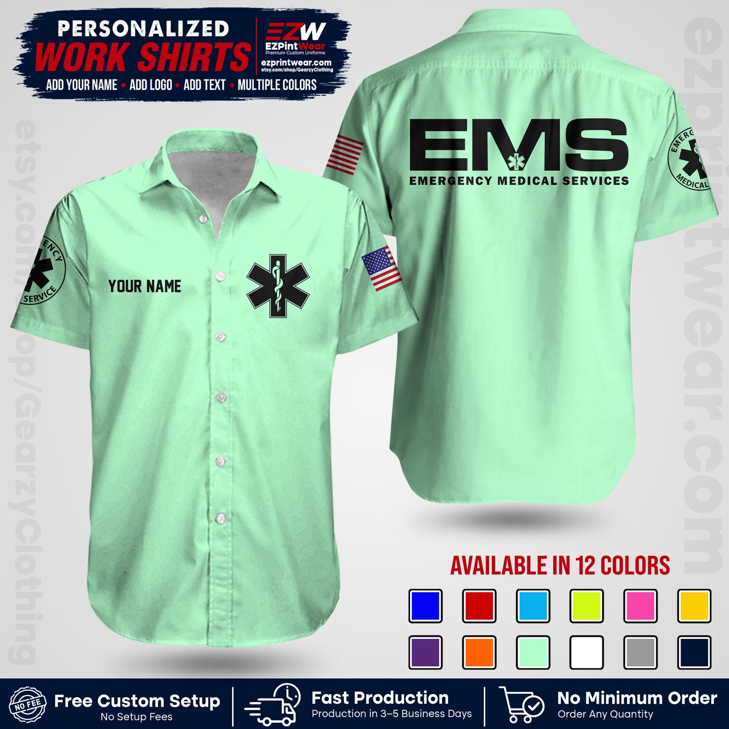Custom EMS Shirt with Name, Logo & Text | EMS Team Uniform | First Responder Workwear EMSU01