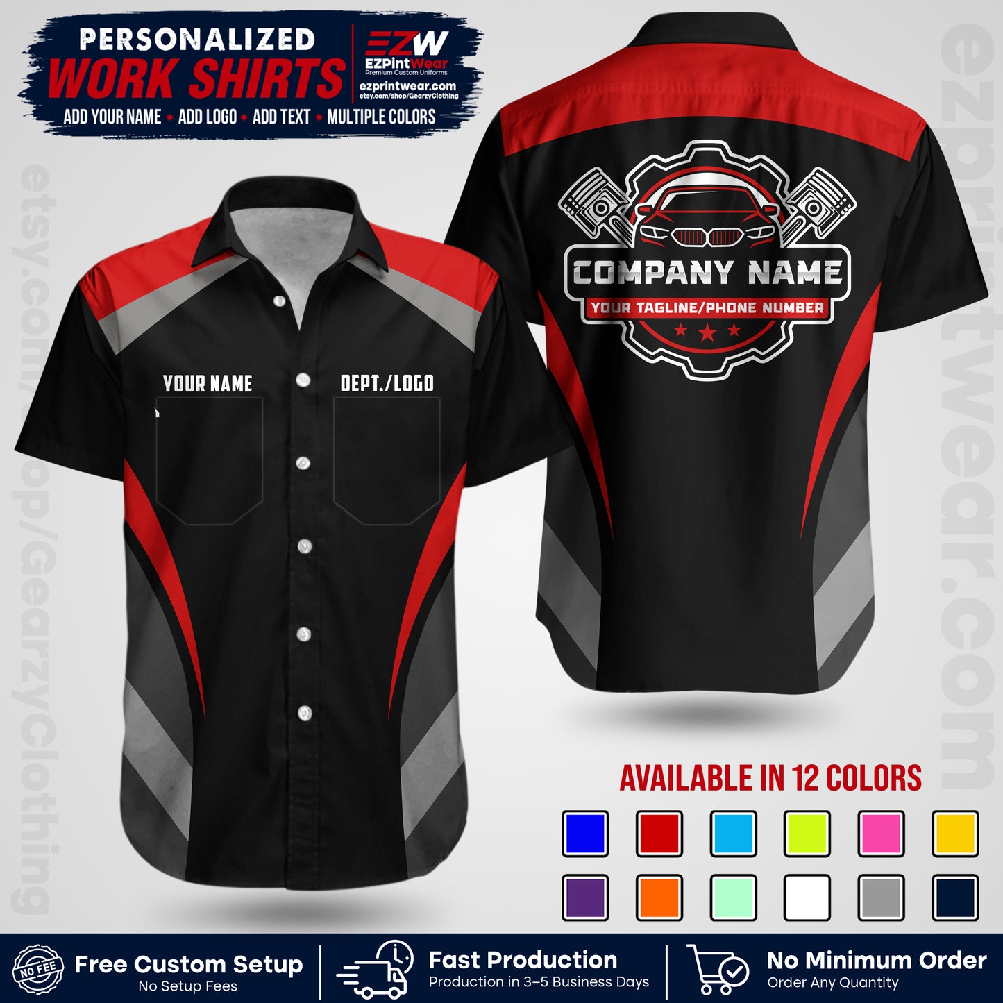 Custom Mechanic Work Shirt with Name, Logo & Text | Auto Shop Uniform | Workwear MCN 05