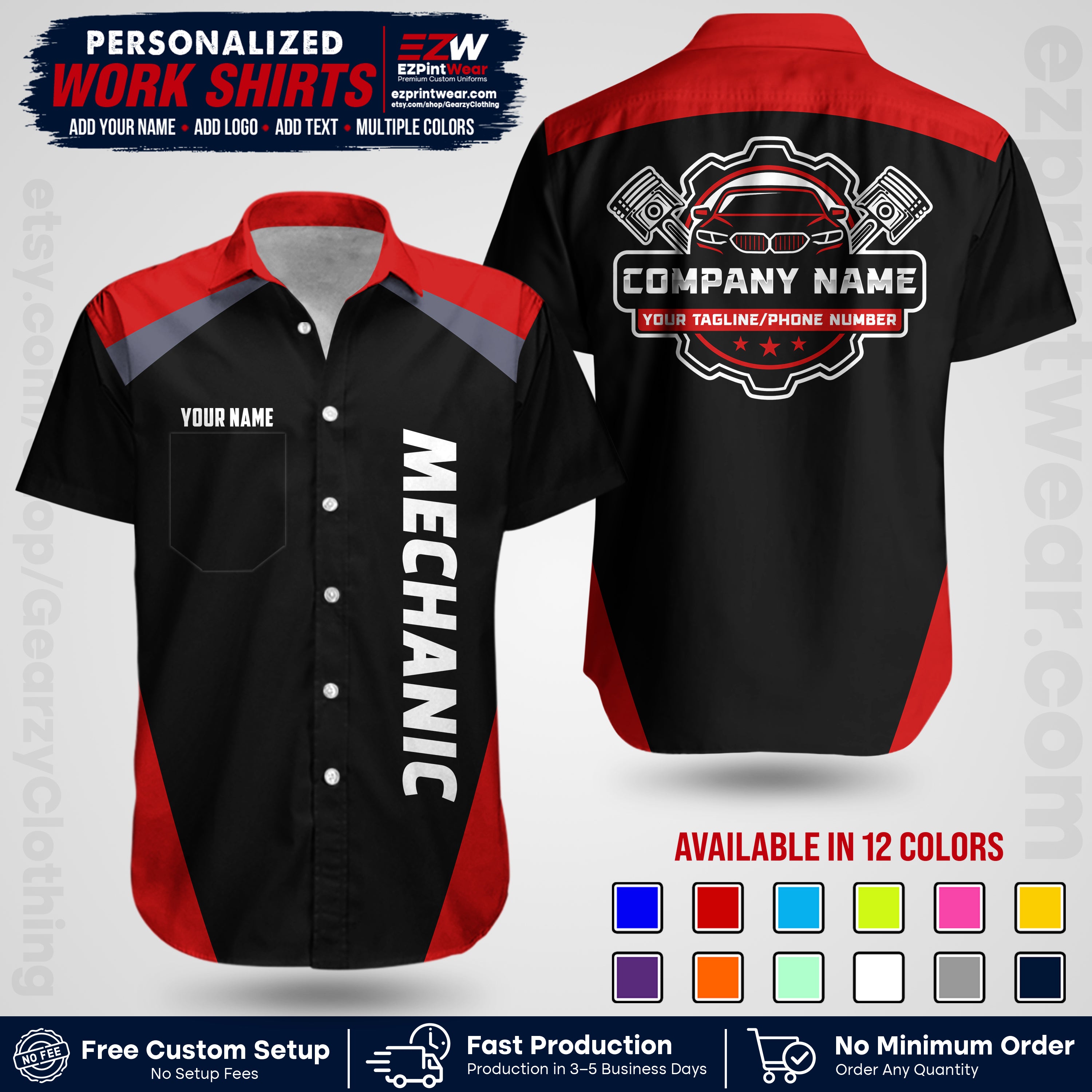 Custom Mechanic Work Shirt with Name, Logo & Text | Auto Shop Uniform | Workwear MCN 02