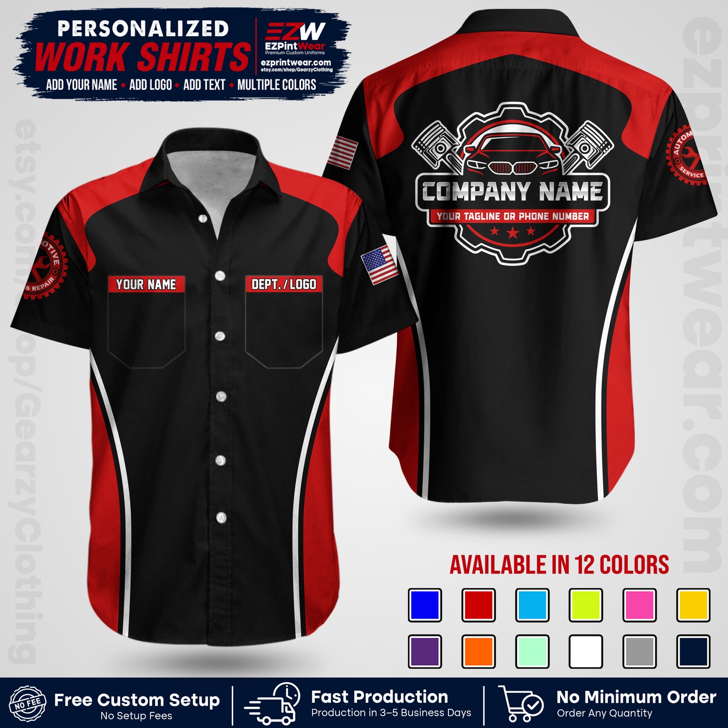 Custom Mechanic Work Shirt with Name, Logo & Text | Auto Shop Uniform | Workwear MCN 10