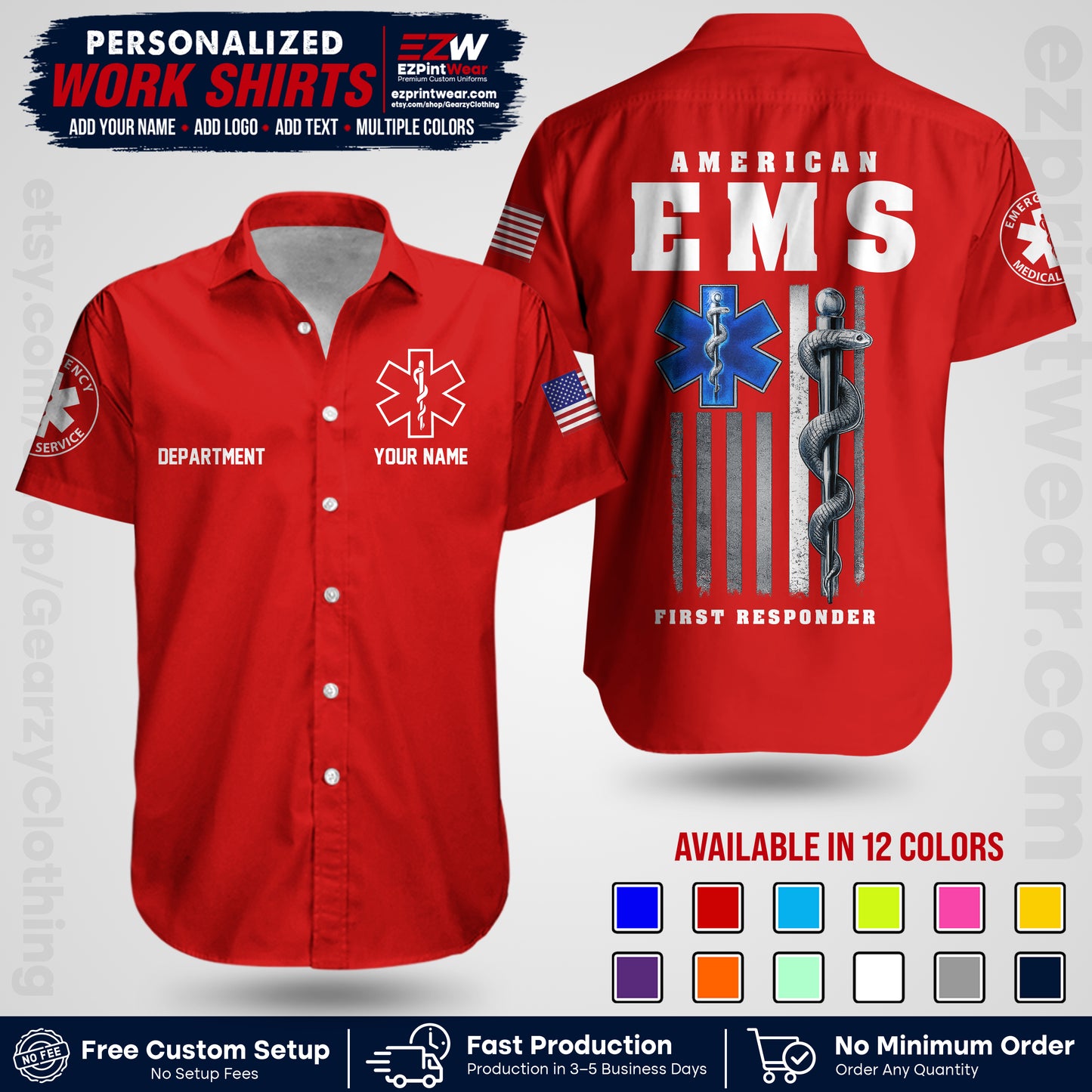 Custom EMS Shirt with Name, Logo & Text | EMS Team Uniform | First Responder Workwear EMSU03
