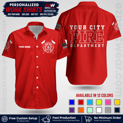 Custom Fire Department Shirt with Name, City Logo & Text | Firefighter Uniform | Button Up Work Shirt FF07