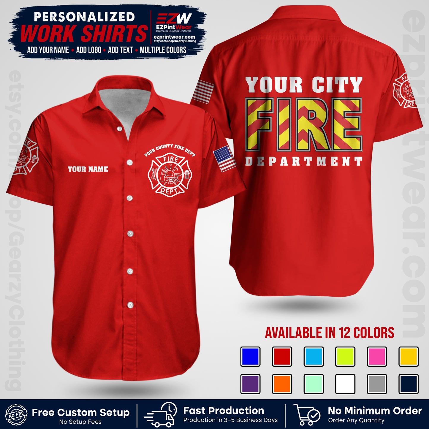 Custom Fire Department Shirt with Name, City Logo & Text | Firefighter Uniform | Button Up Work Shirt FF05