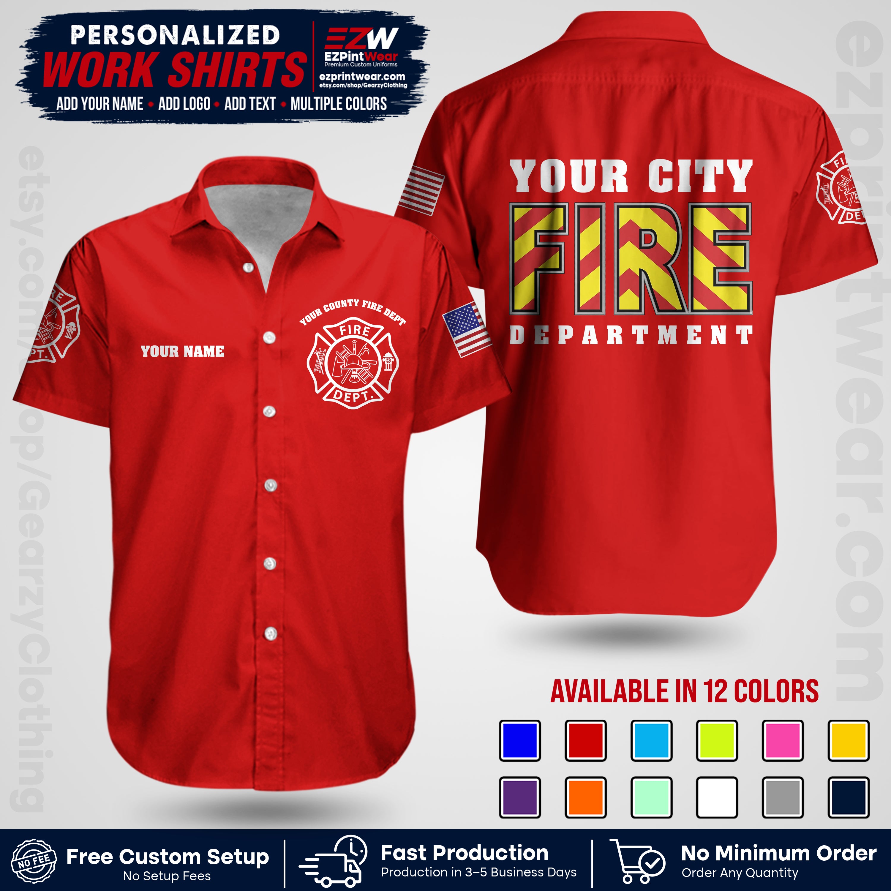 Custom Fire Department Shirt with Name, City Logo & Text | Firefighter Uniform | Button Up Work Shirt FF05