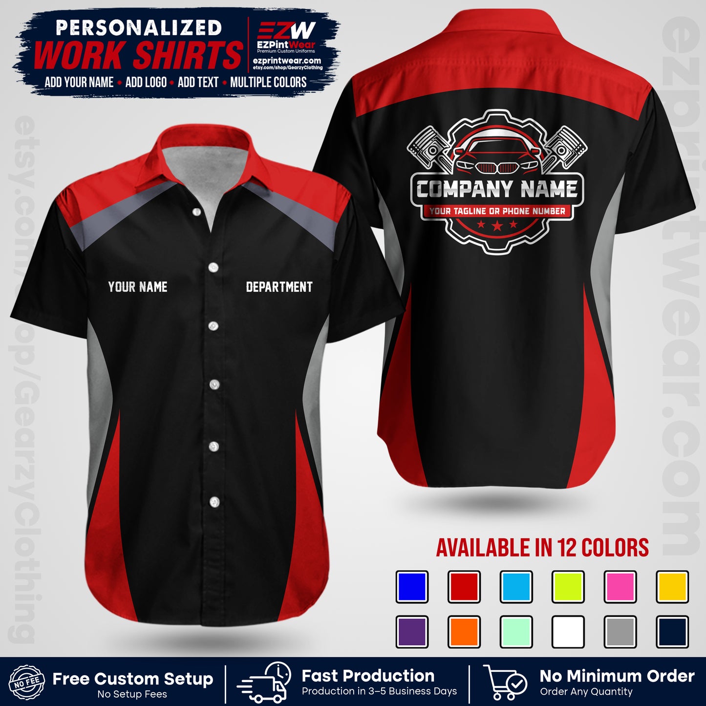 Custom Mechanic Work Shirt with Name, Logo & Text | Auto Shop Uniform | Workwear MCN 08