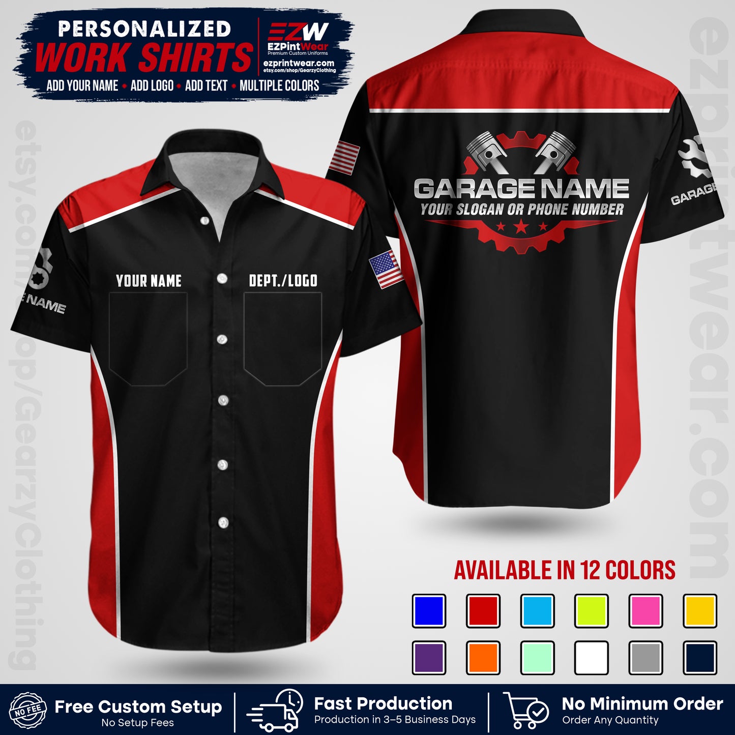 Custom Mechanic Work Shirt with Name, Logo & Text | Auto Shop Uniform | Workwear MCN 07