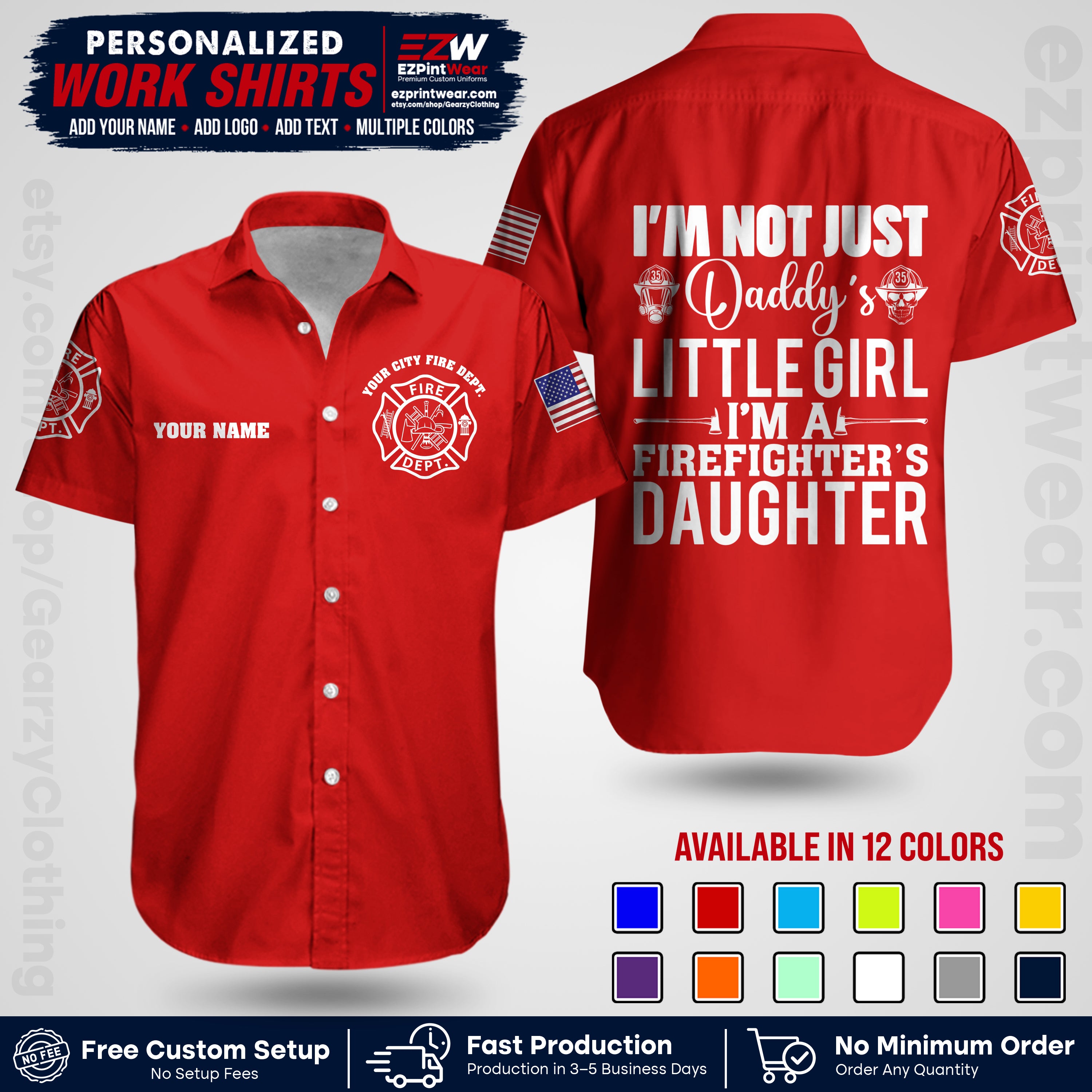 Custom Fire Department Shirt with Name, City Logo & Text | Firefighter Uniform | Button Up Work Shirt FF08