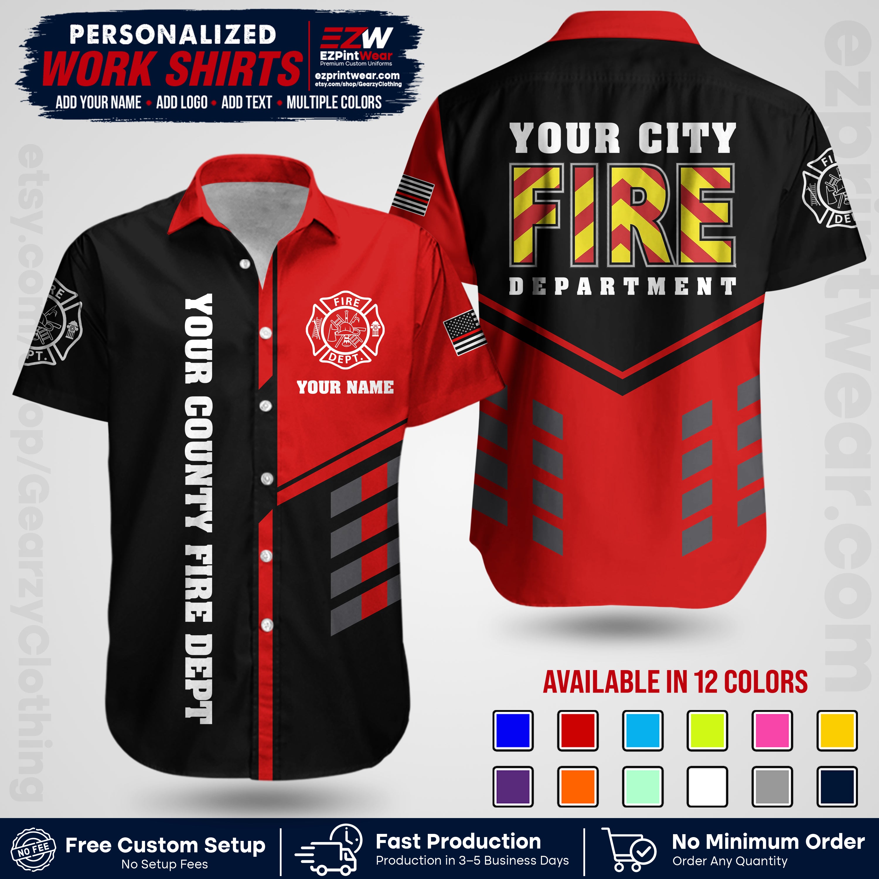 Custom Fire Department Shirt with Name, City Logo & Text | Firefighter Uniform | Button Up Work Shirt FF06