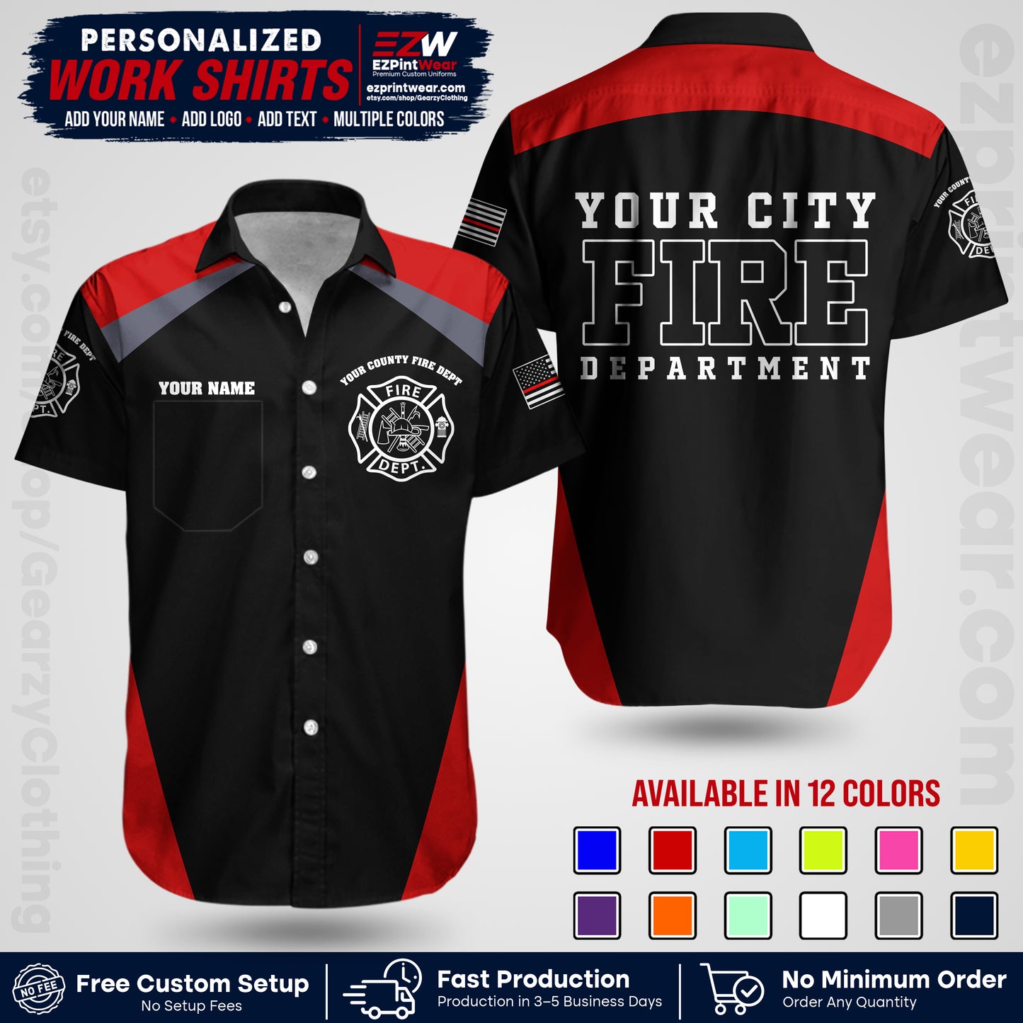 Custom Fire Department Shirt with Name, City Logo & Text | Firefighter Uniform | Button Up Work Shirt FF04