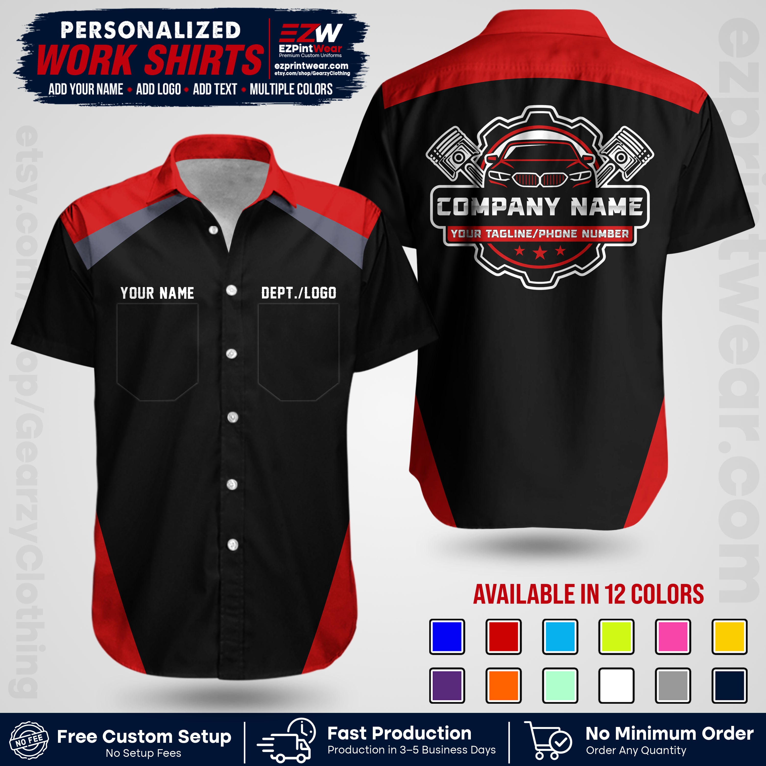 Custom Mechanic Work Shirt with Name, Logo & Text | Auto Shop Uniform | Workwear MCN 03