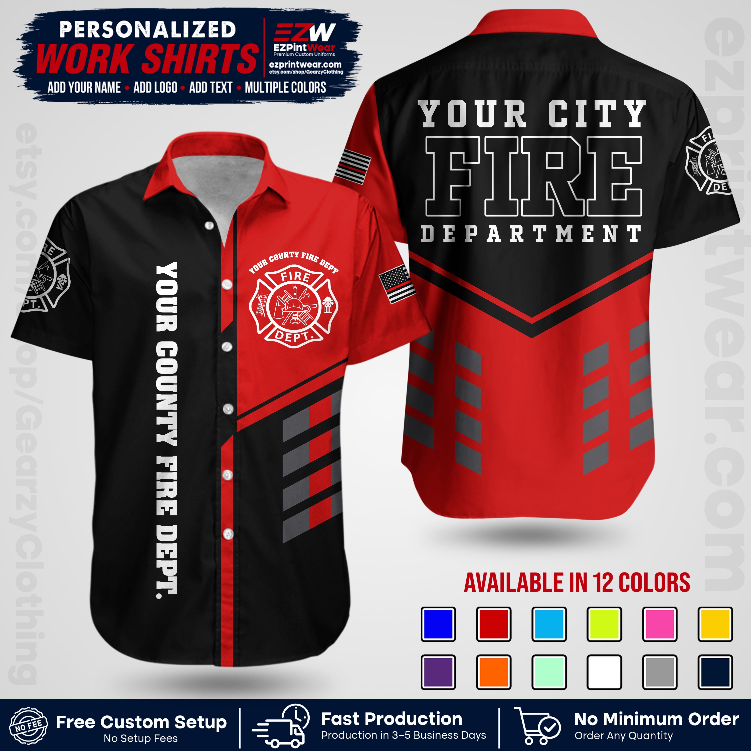 Custom Fire Department Shirt with Name, City Logo & Text | Firefighter Uniform | Button Up Work Shirt FF03