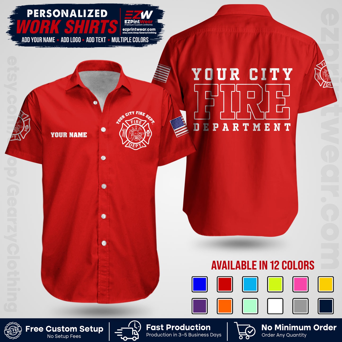 Custom Fire Department Shirt with Name, City Logo & Text | Firefighter Uniform | Button Up Work Shirt FF01