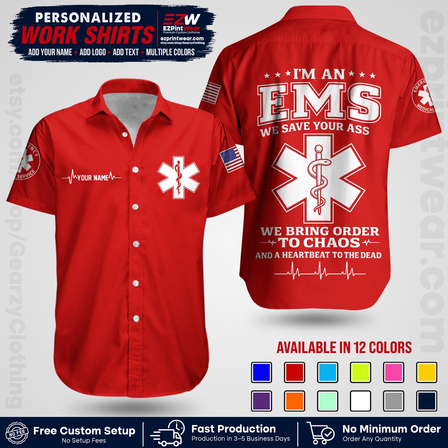 Custom EMS Shirt with Name, Logo & Text | EMS Team Uniform | First Responder Workwear EMSU05