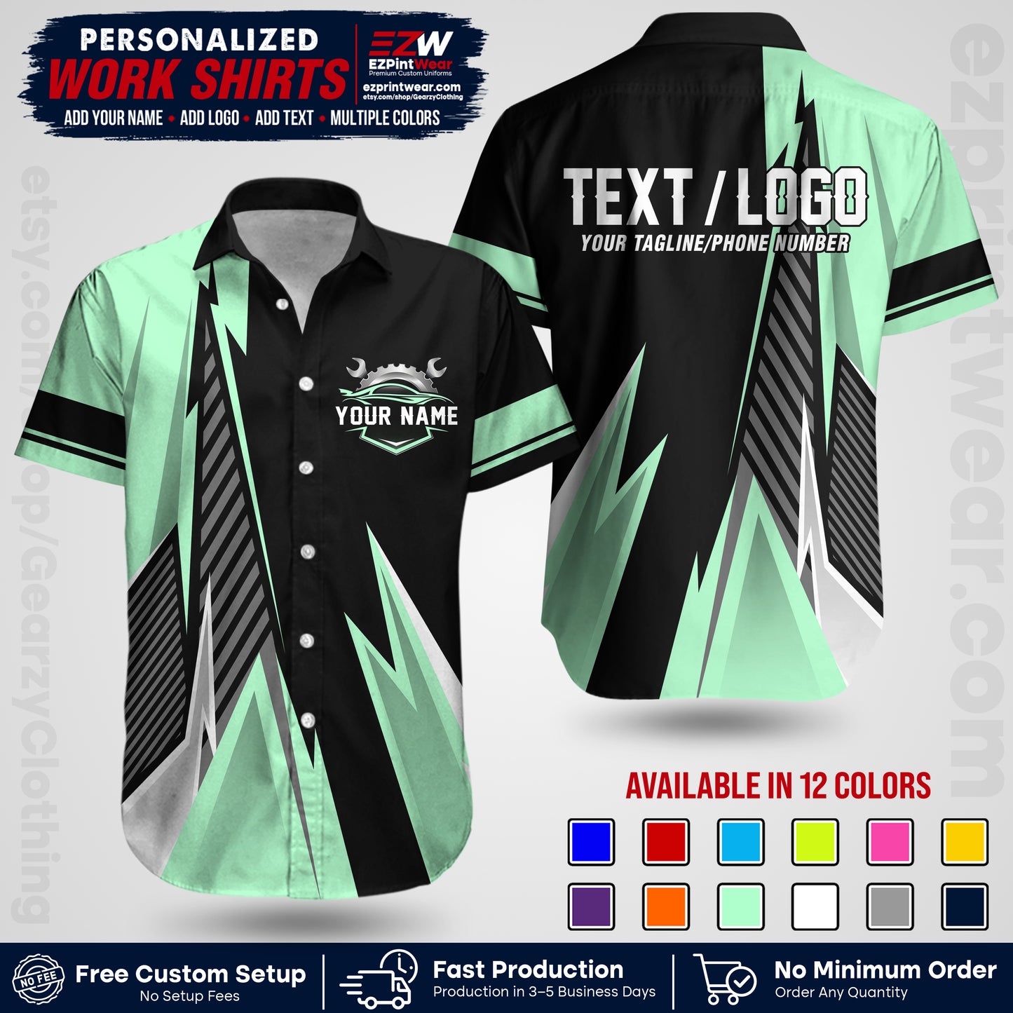 Custom Mechanic Work Shirt with Name, Logo & Text | Auto Shop Uniform | Workwear MCN 01