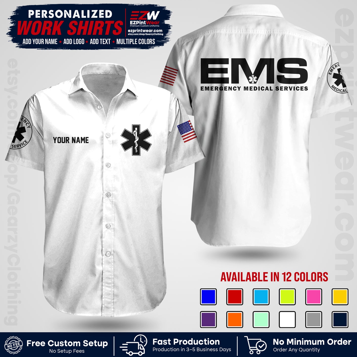 Custom EMS Shirt with Name, Logo & Text | EMS Team Uniform | First Responder Workwear EMSU01