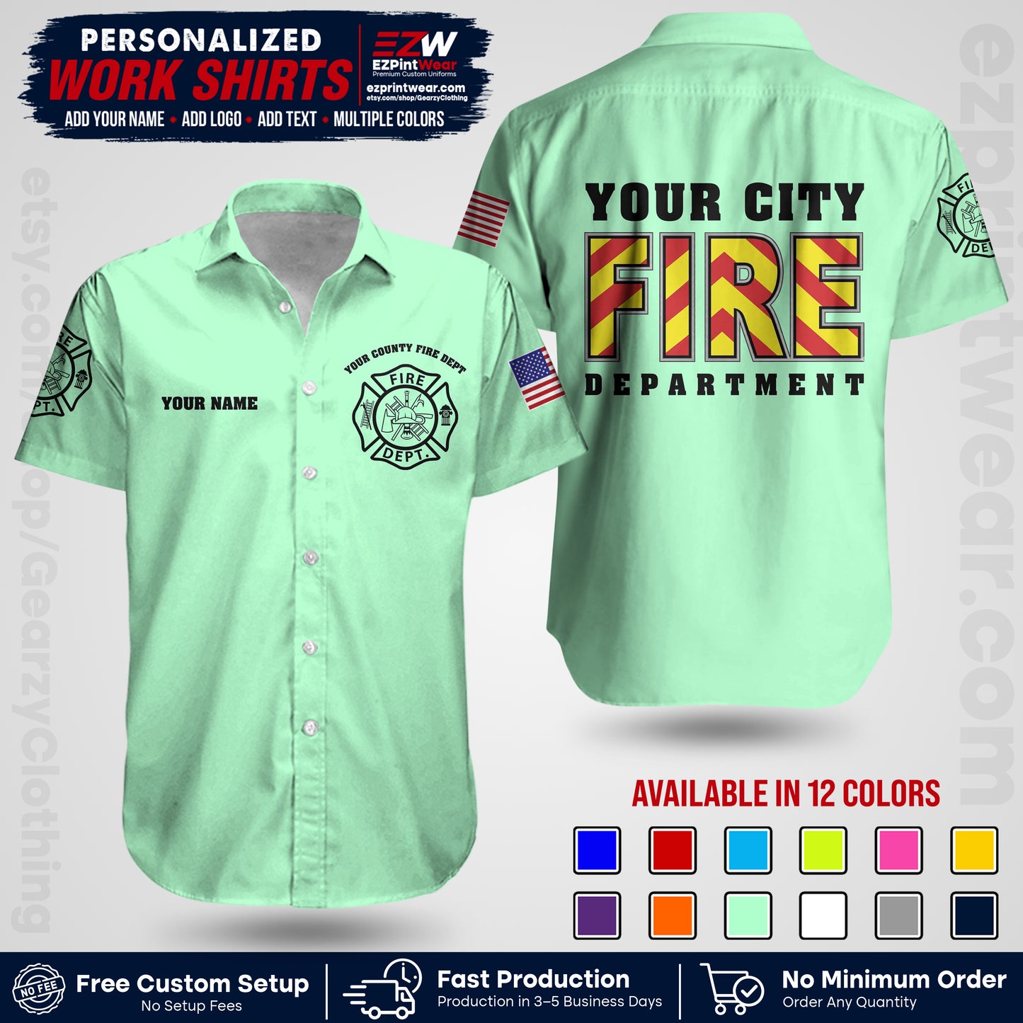 Custom Fire Department Shirt with Name, City Logo & Text | Firefighter Uniform | Button Up Work Shirt FF05