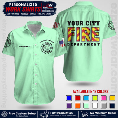Custom Fire Department Shirt with Name, City Logo & Text | Firefighter Uniform | Button Up Work Shirt FF05