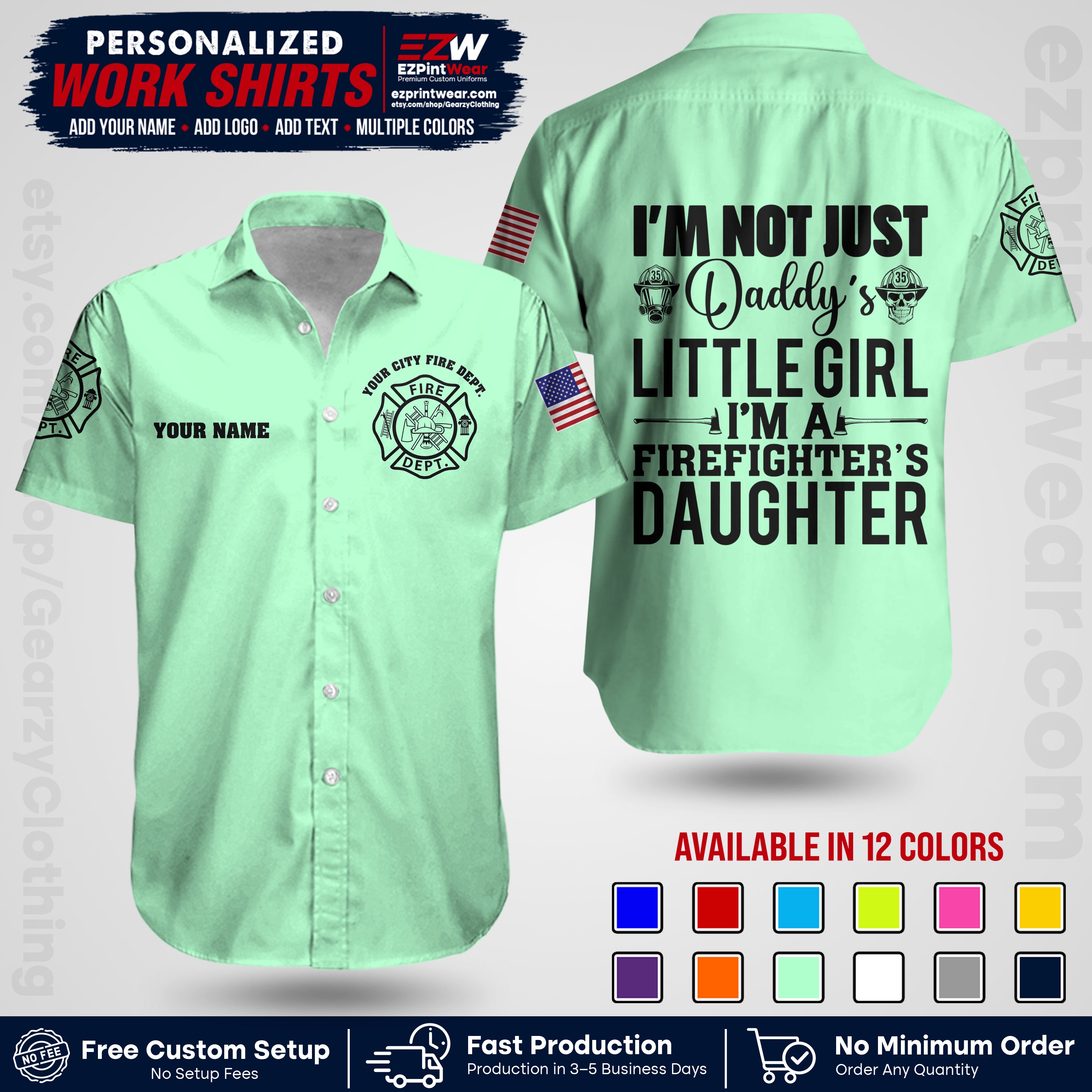 Custom Fire Department Shirt with Name, City Logo & Text | Firefighter Uniform | Button Up Work Shirt FF08