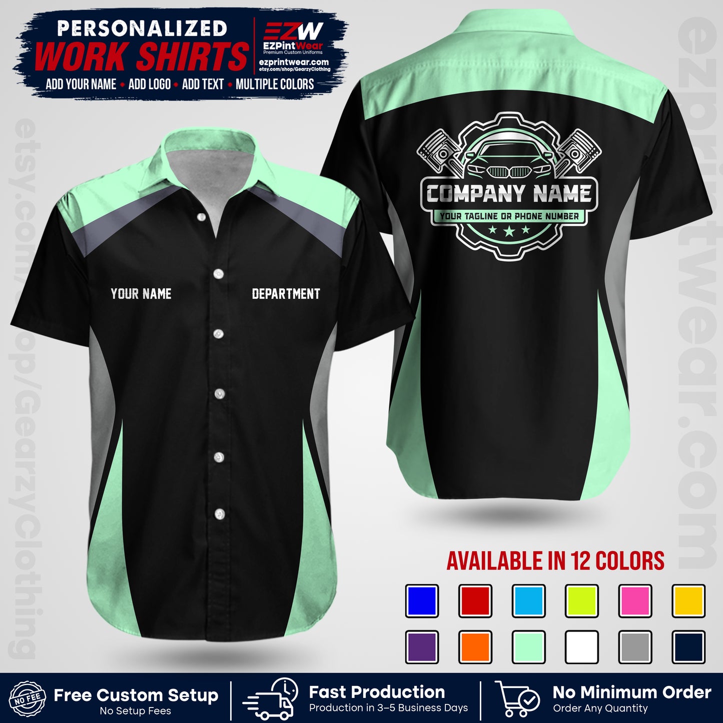 Custom Mechanic Work Shirt with Name, Logo & Text | Auto Shop Uniform | Workwear MCN 08