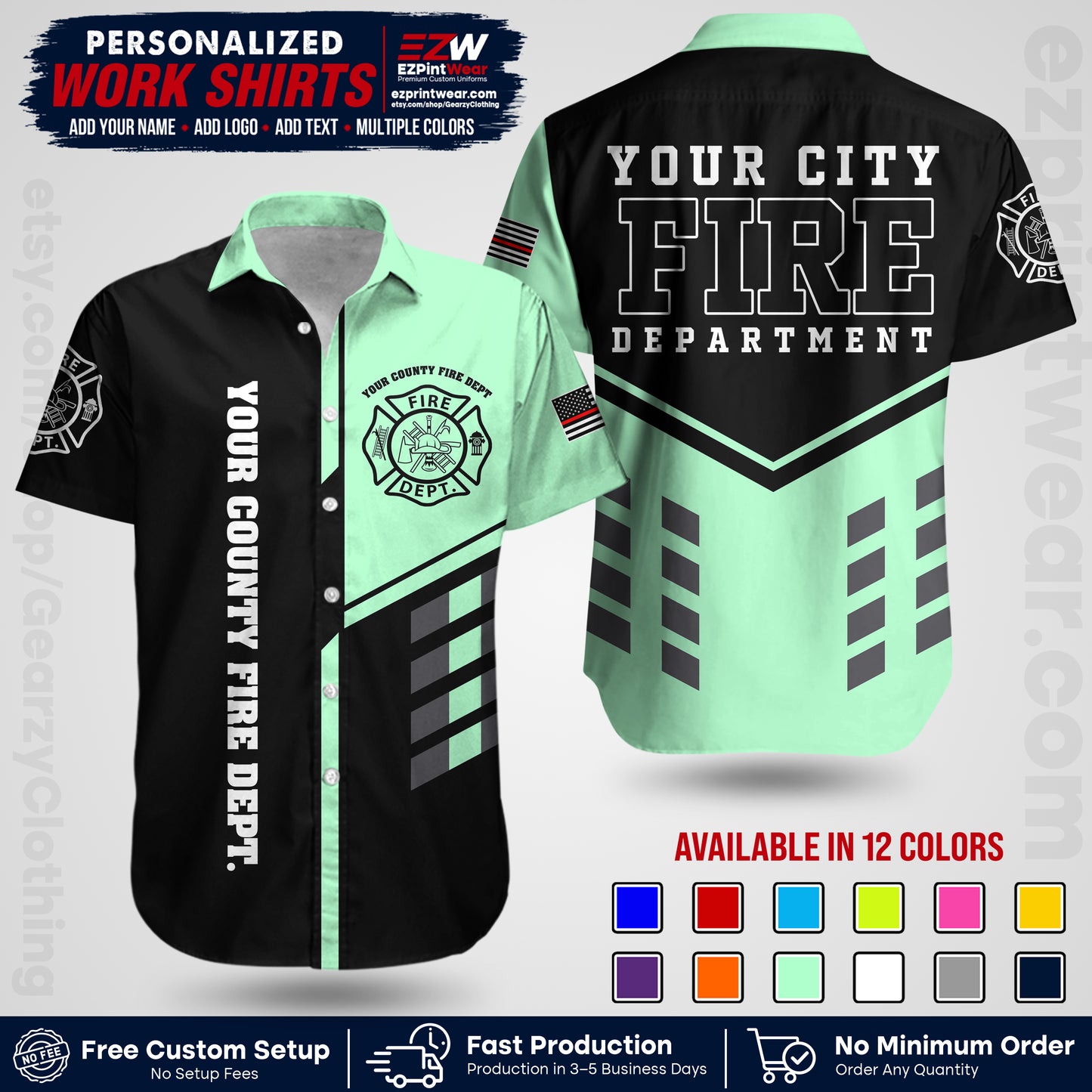 Custom Fire Department Shirt with Name, City Logo & Text | Firefighter Uniform | Button Up Work Shirt FF03