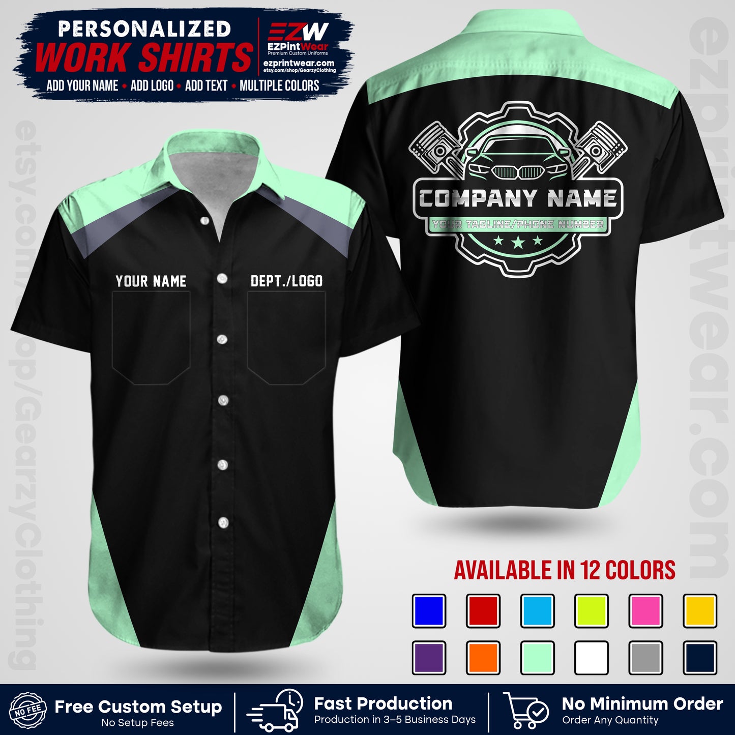 Custom Mechanic Work Shirt with Name, Logo & Text | Auto Shop Uniform | Workwear MCN 03