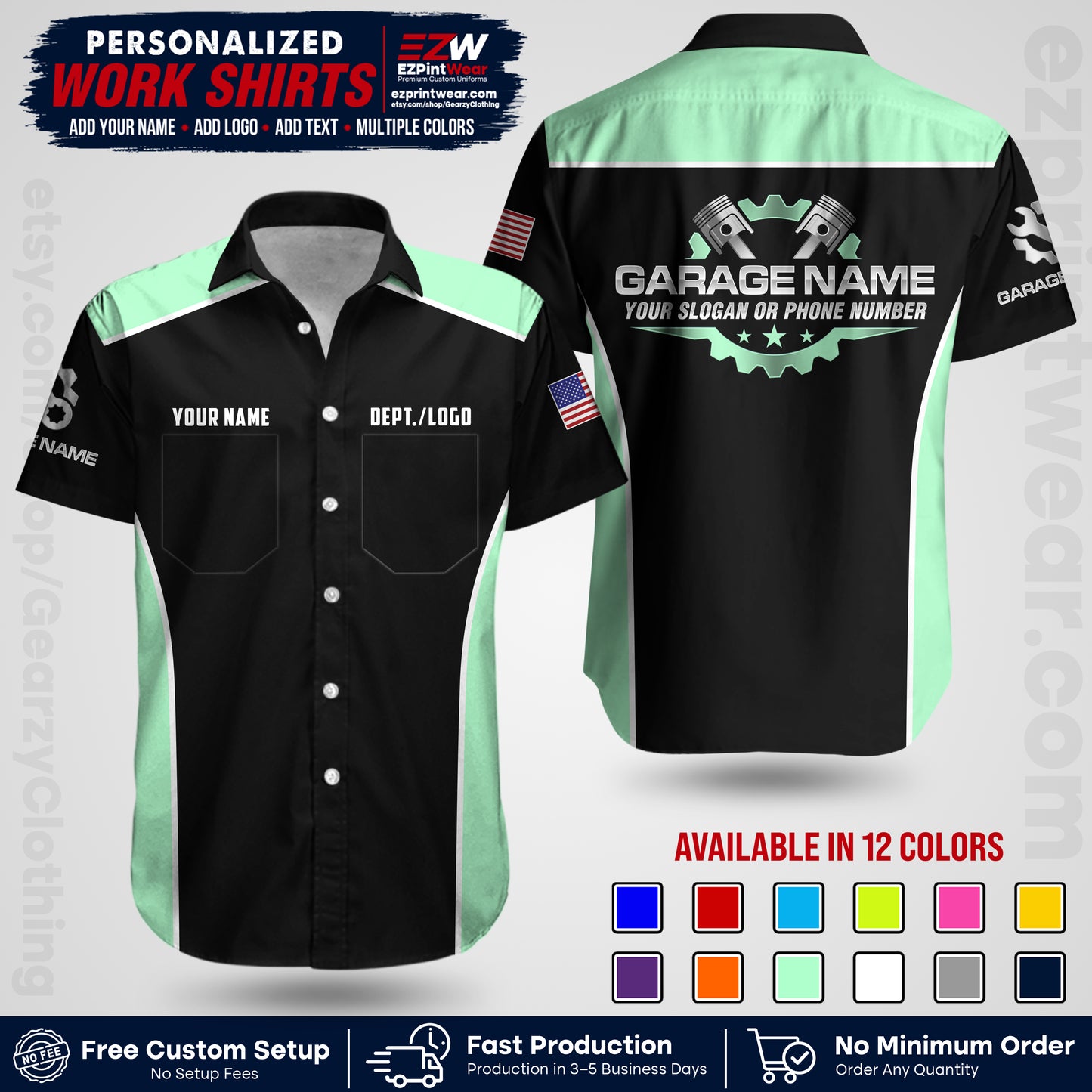 Custom Mechanic Work Shirt with Name, Logo & Text | Auto Shop Uniform | Workwear MCN 07