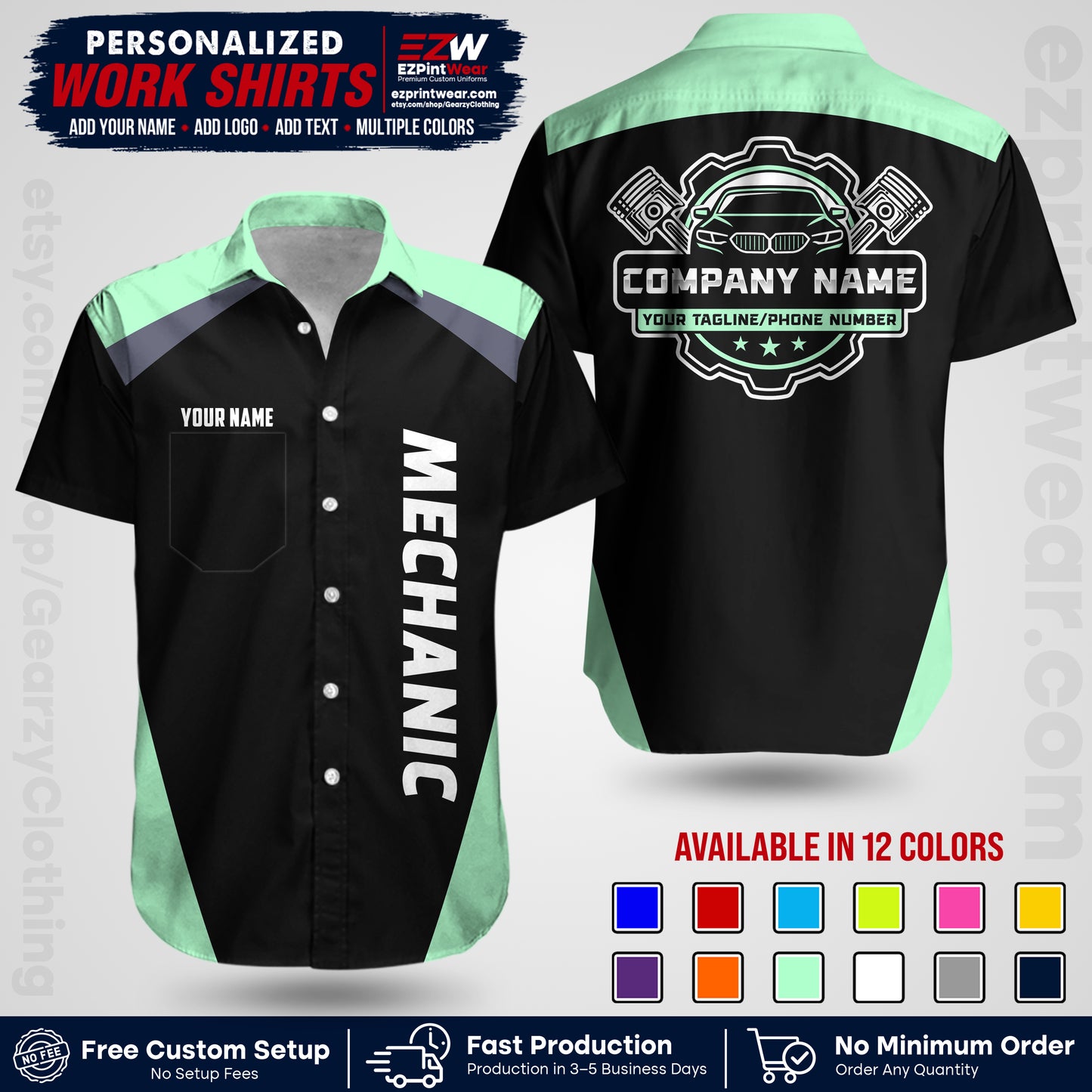 Custom Mechanic Work Shirt with Name, Logo & Text | Auto Shop Uniform | Workwear MCN 02