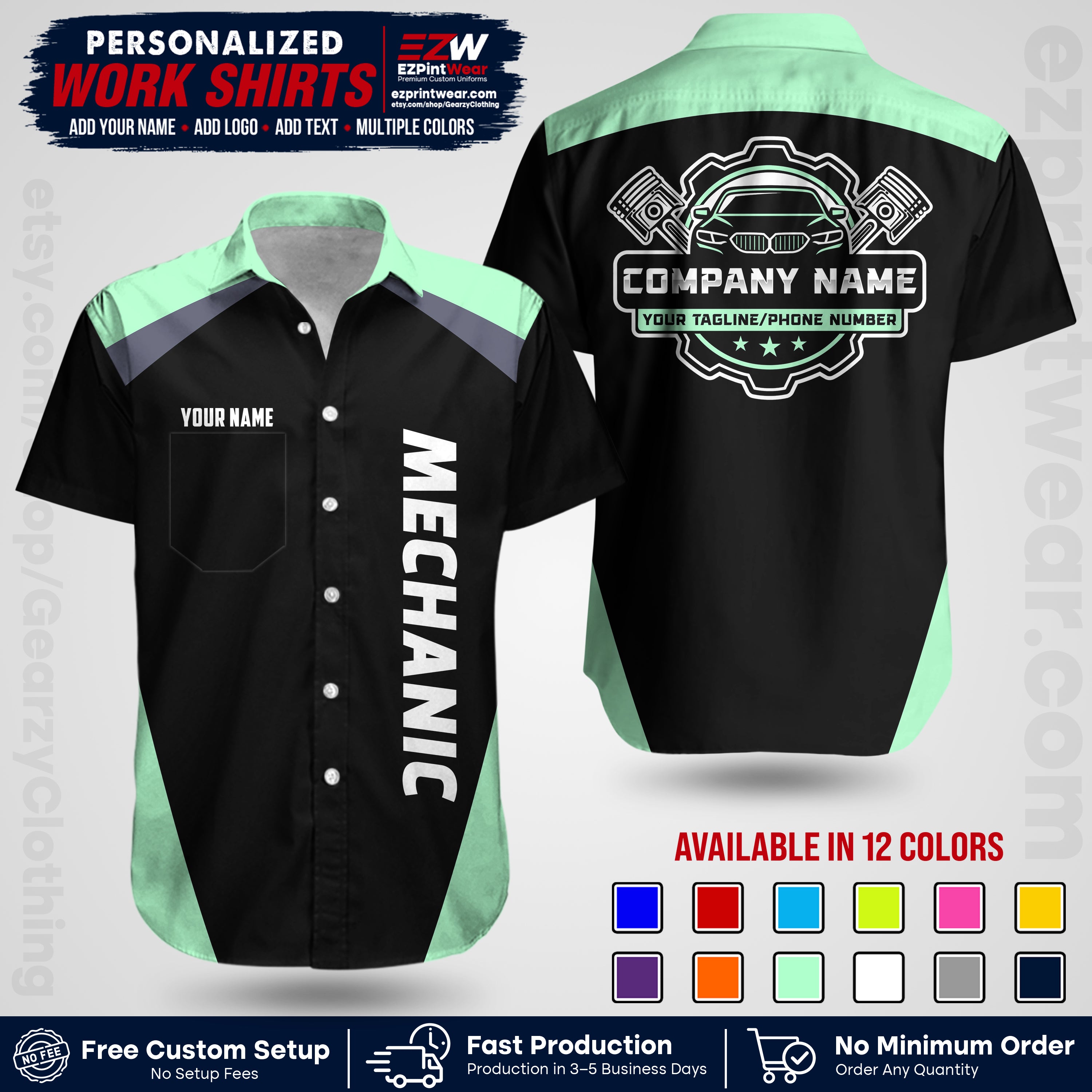 Custom Mechanic Work Shirt with Name, Logo & Text | Auto Shop Uniform | Workwear MCN 02